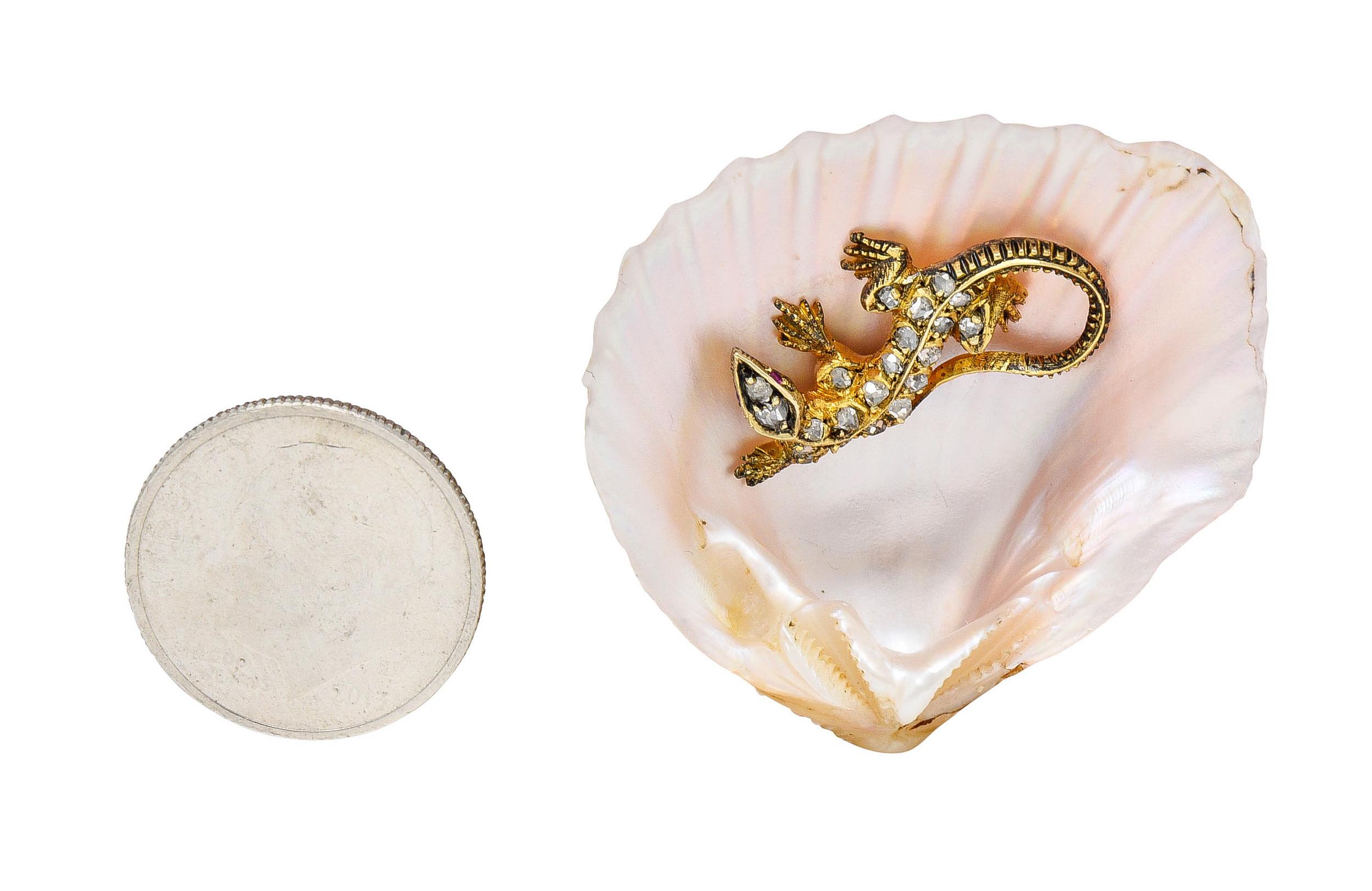 French Victorian Shell Rose Cut Diamond 18 Karat Gold Lizard Brooch 12