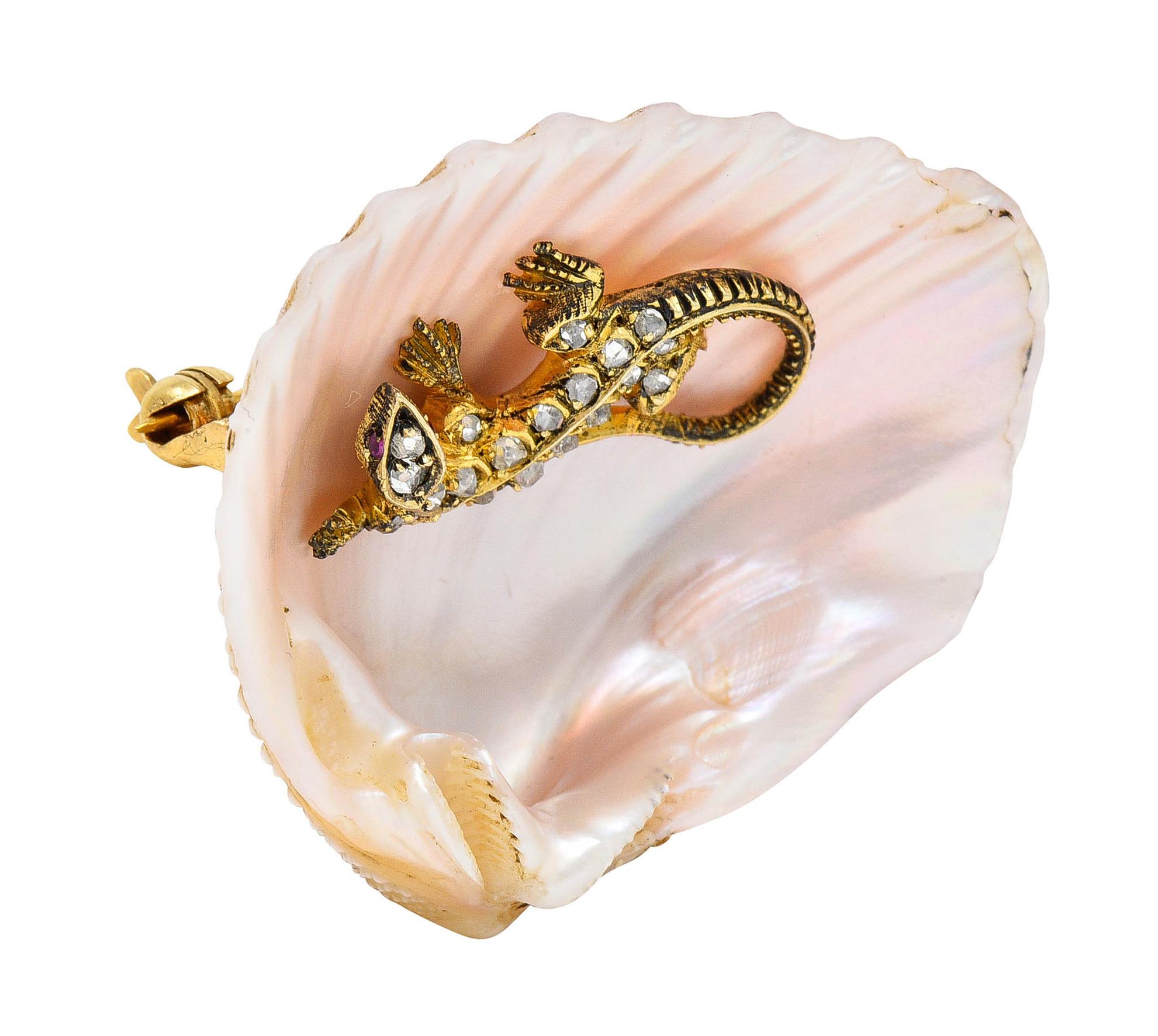 French Victorian Shell Rose Cut Diamond 18 Karat Gold Lizard Brooch In Excellent Condition In Philadelphia, PA