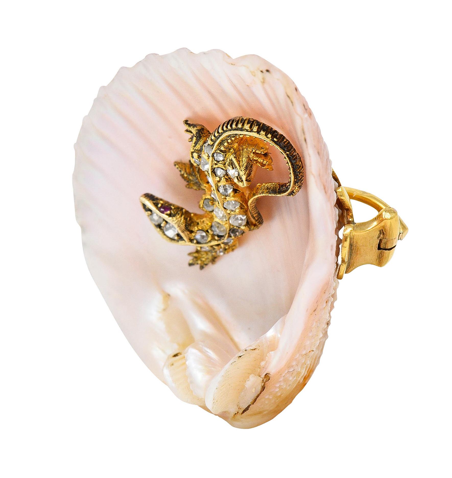 French Victorian Shell Rose Cut Diamond 18 Karat Gold Lizard Brooch 1
