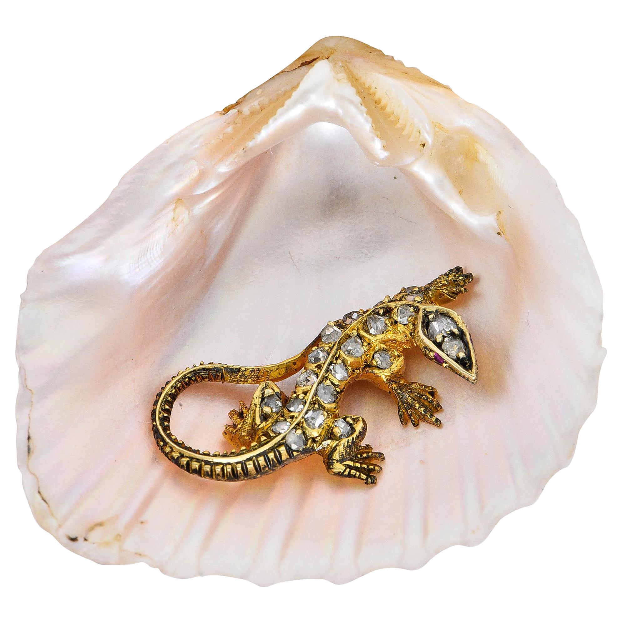 French Victorian Shell Rose Cut Diamond 18 Karat Gold Lizard Brooch