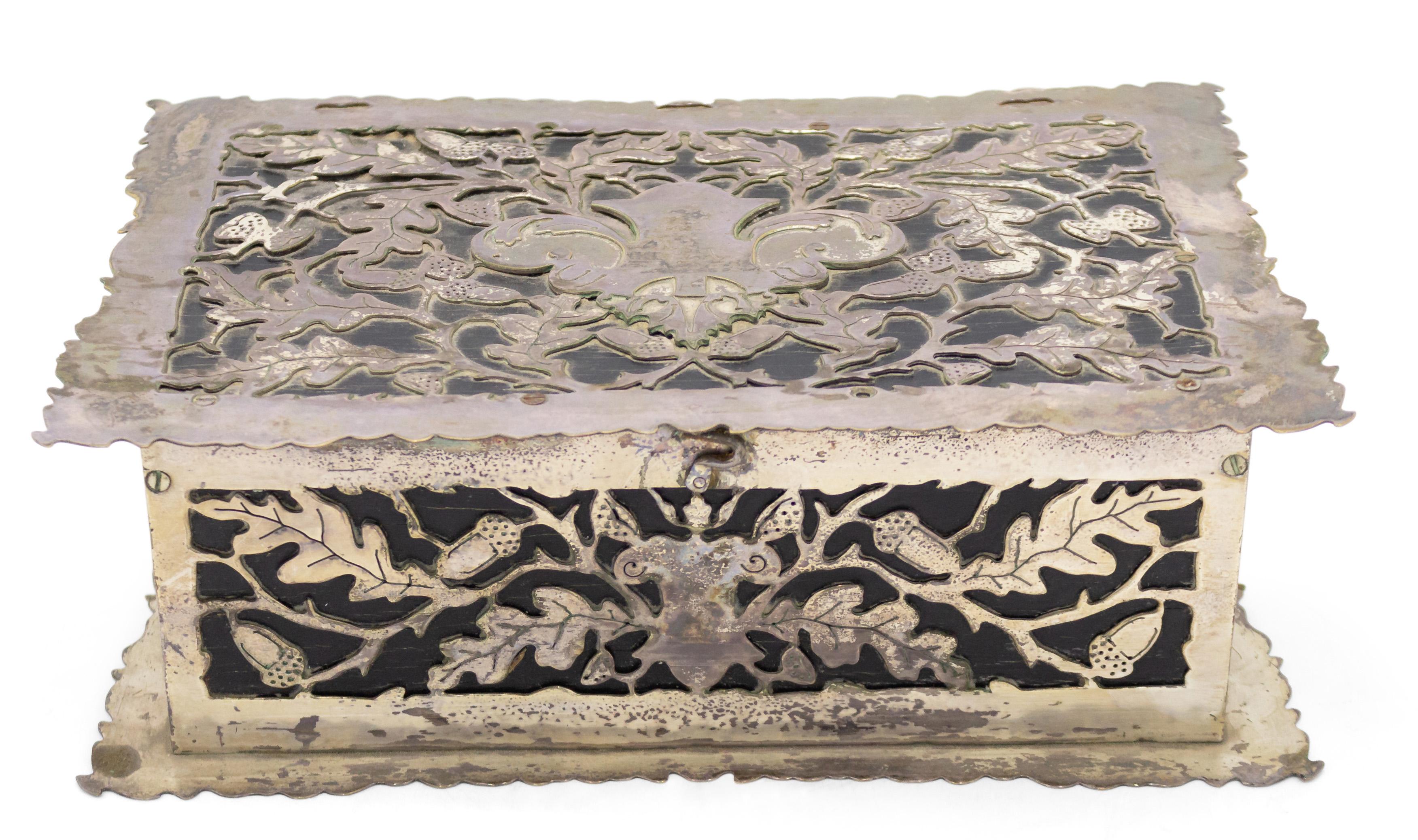 French Victorian silver plate floral and acorn filigree humidor box with scalloped edge.
 