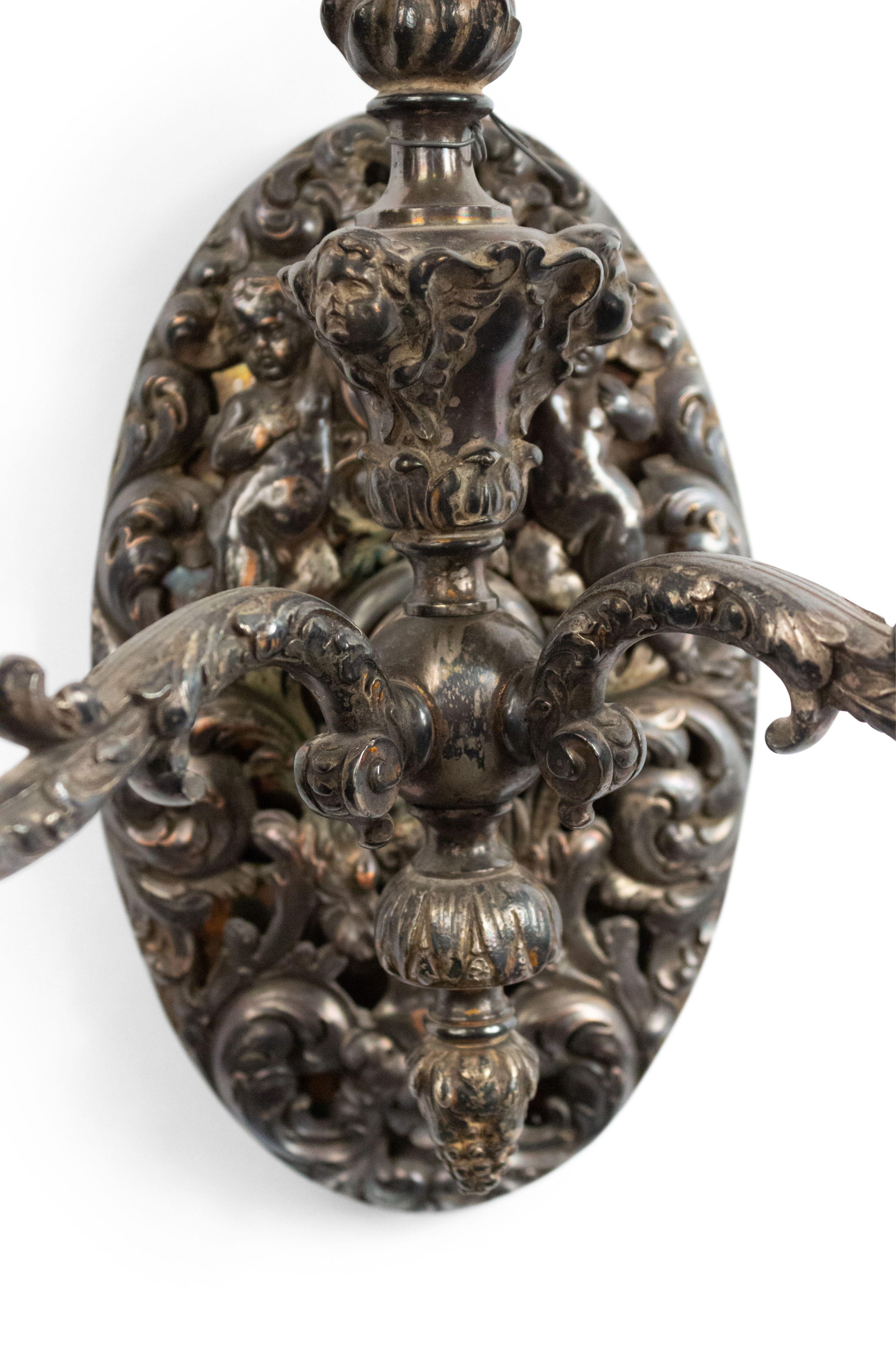 19th Century French Victorian Silver Plate Filigree Wall Sconces For Sale