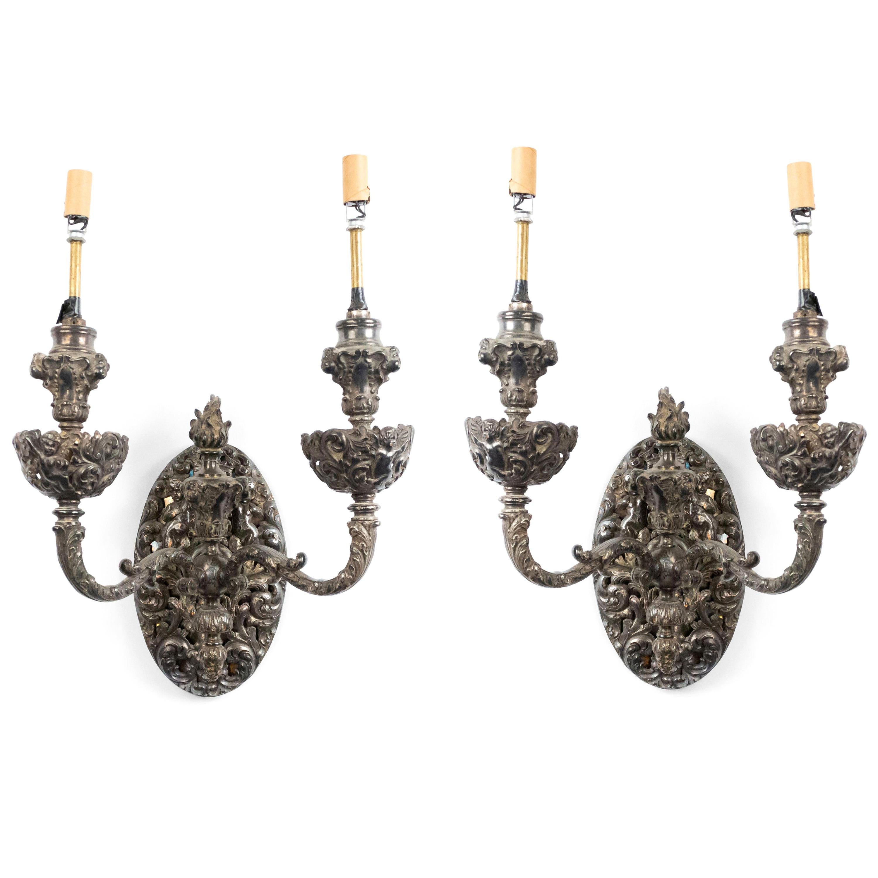 French Victorian Silver Plate Filigree Wall Sconces