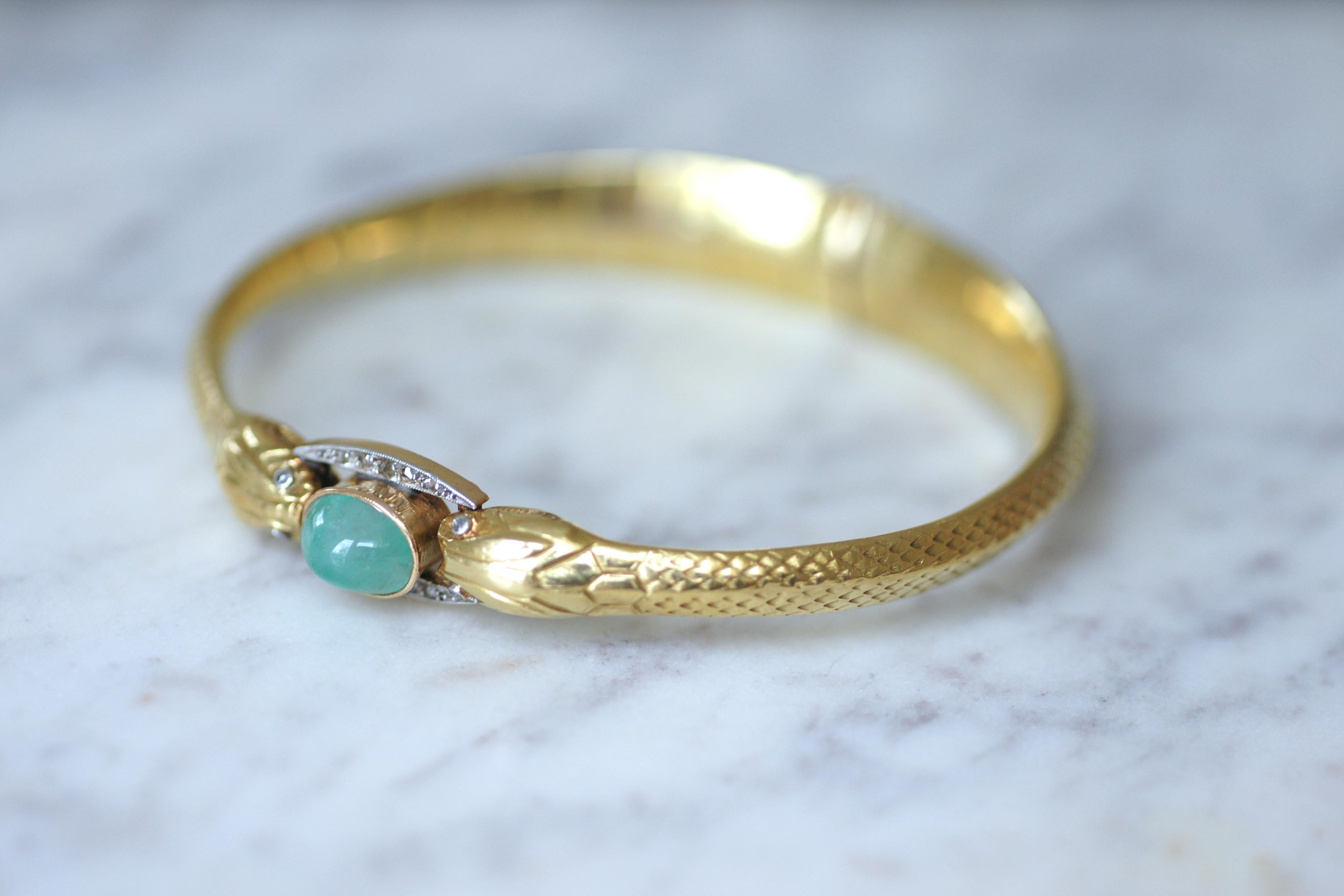 Women's or Men's French Victorian Snake Bangle in Gold, Emerald & Diamonds For Sale