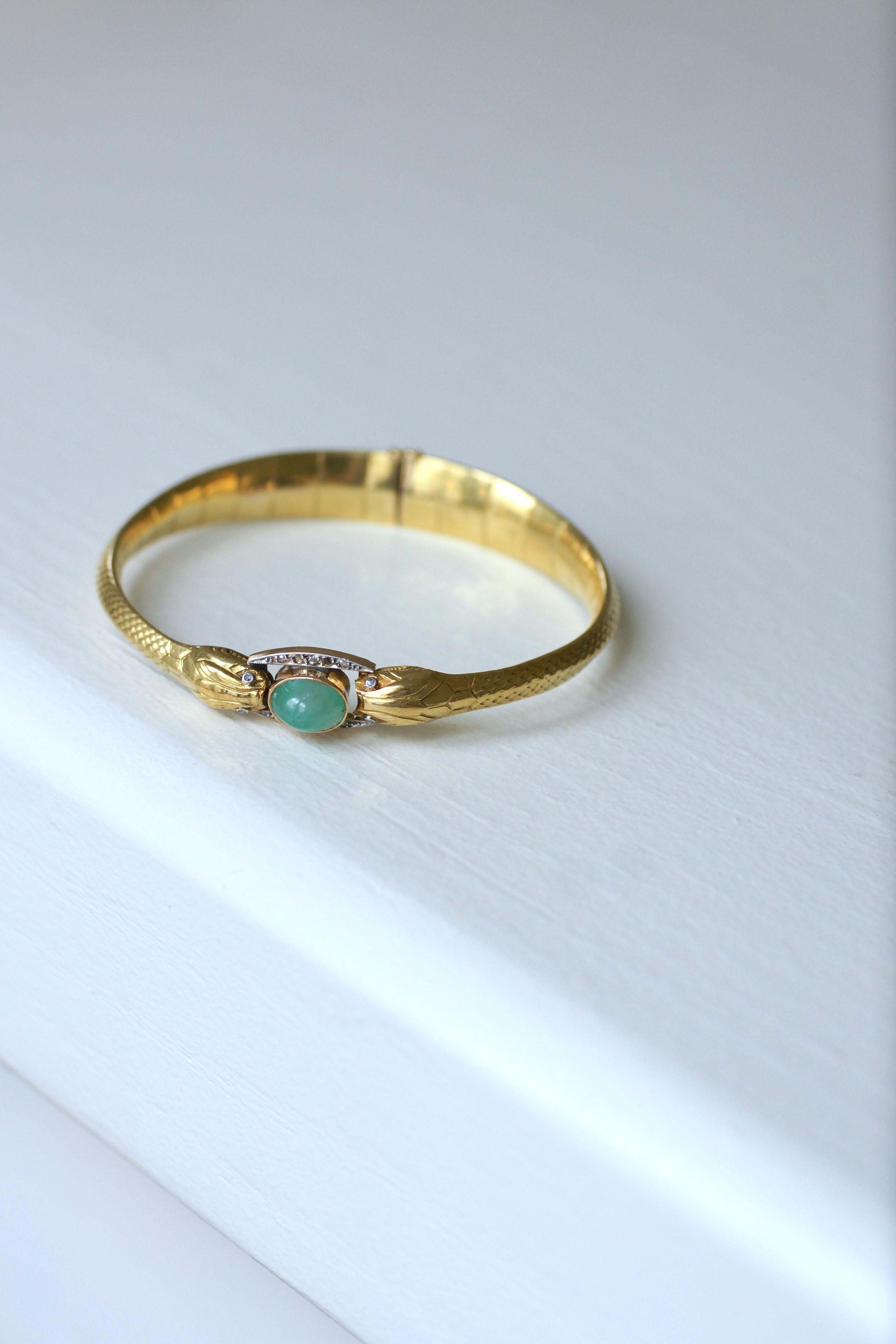 French Victorian Snake Bangle in Gold, Emerald & Diamonds For Sale 3