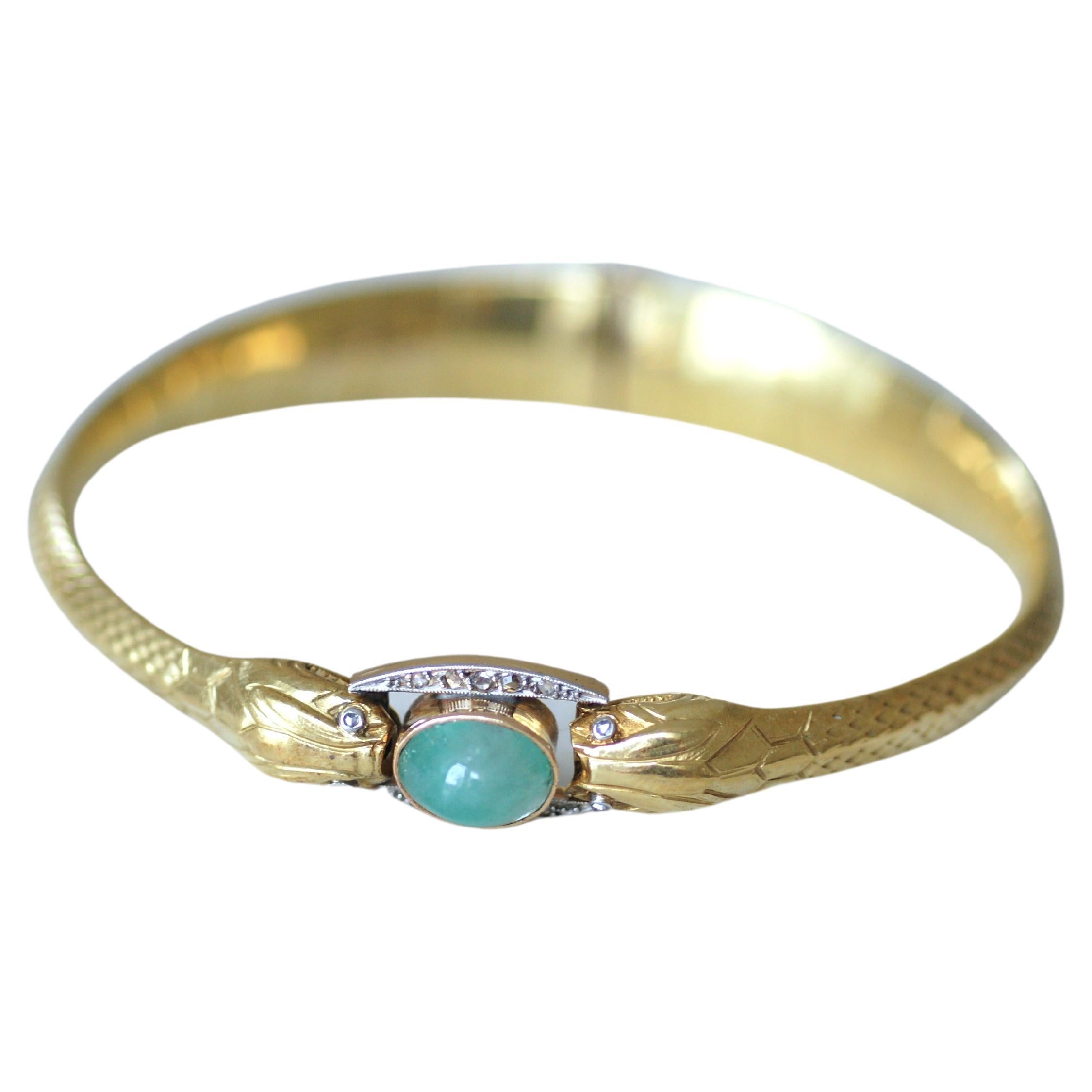 French Victorian Snake Bangle in Gold, Emerald & Diamonds For Sale