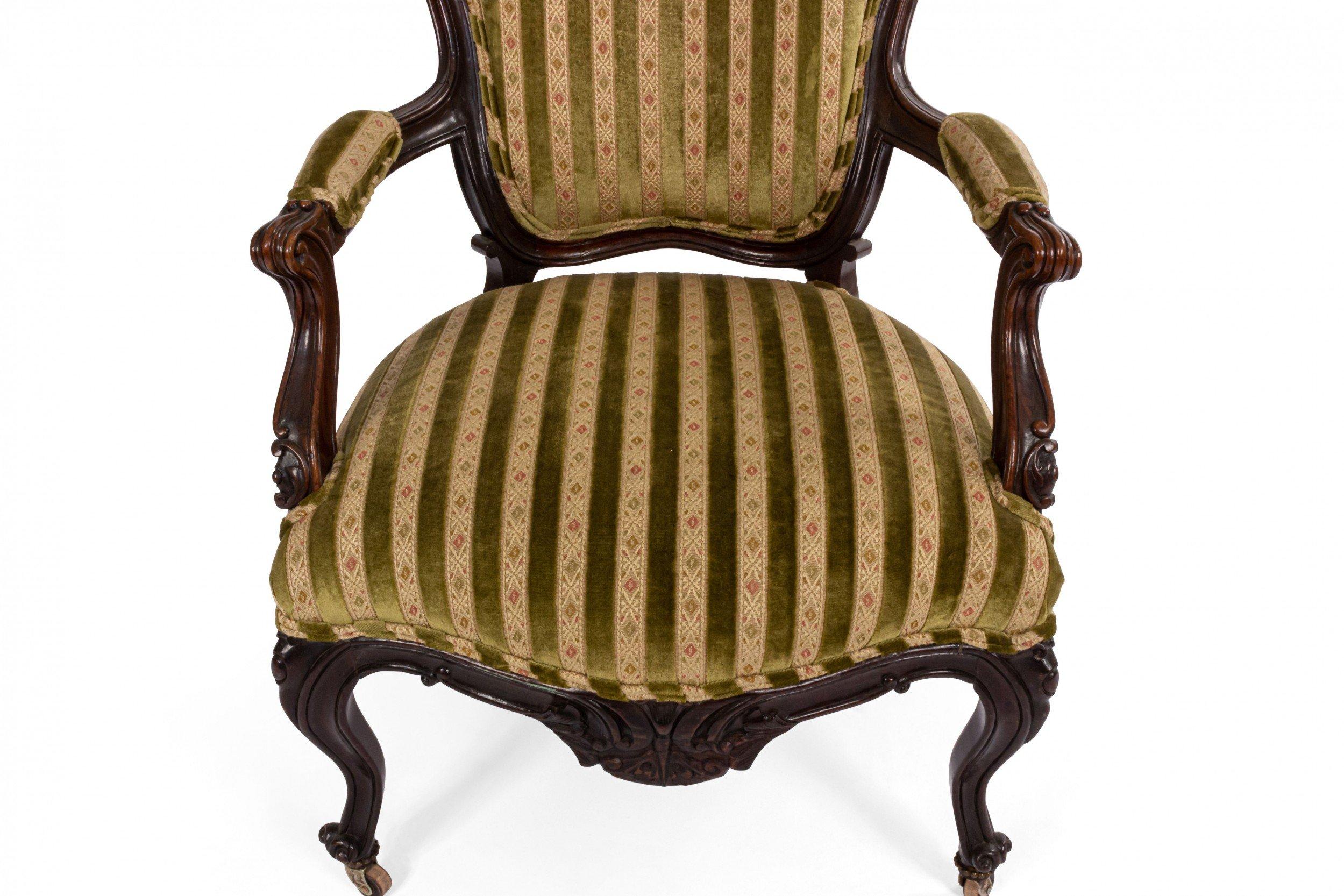 French Victorian Striped Velvet Armchairs For Sale 6