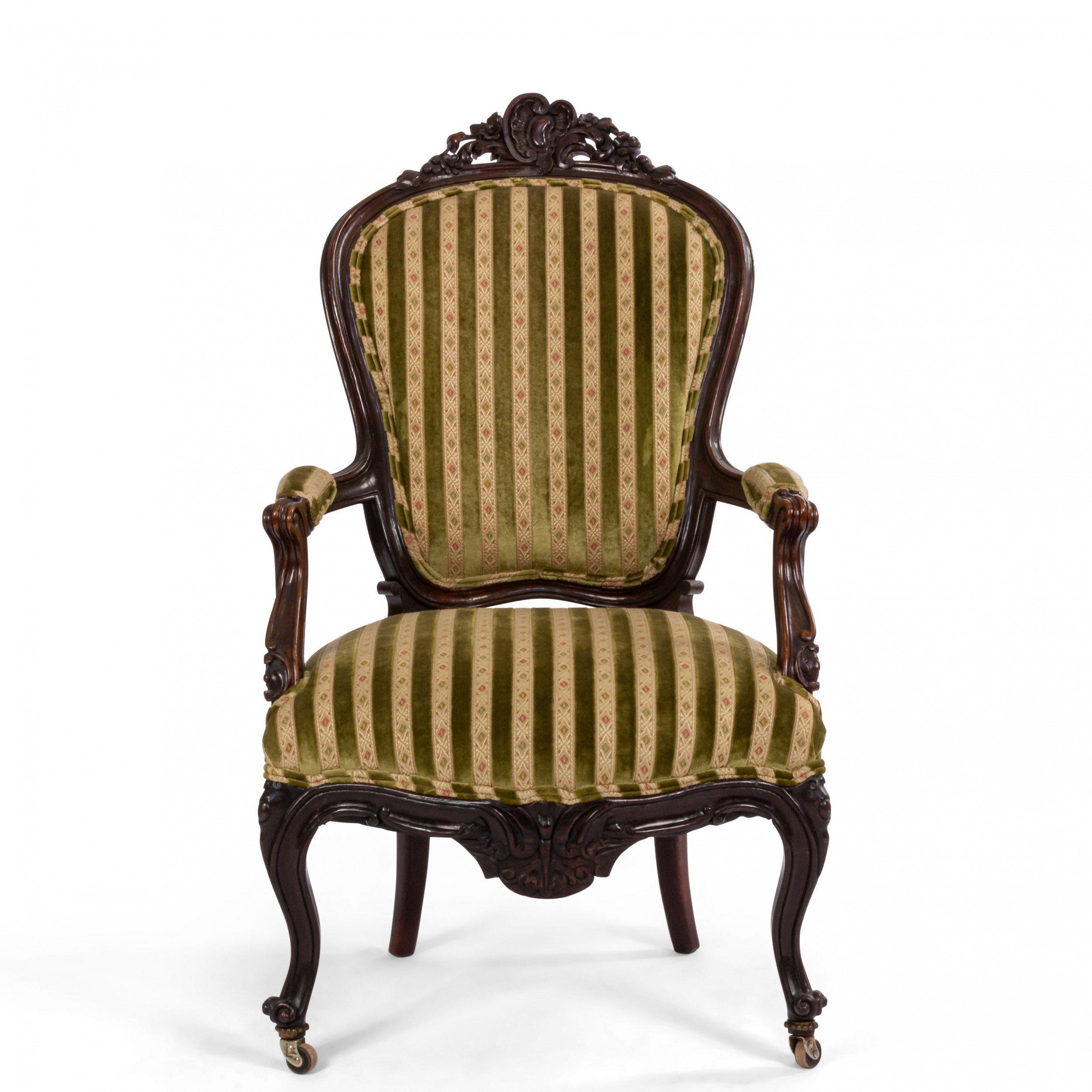 French Victorian Striped Velvet Armchairs In Good Condition For Sale In Queens, NY