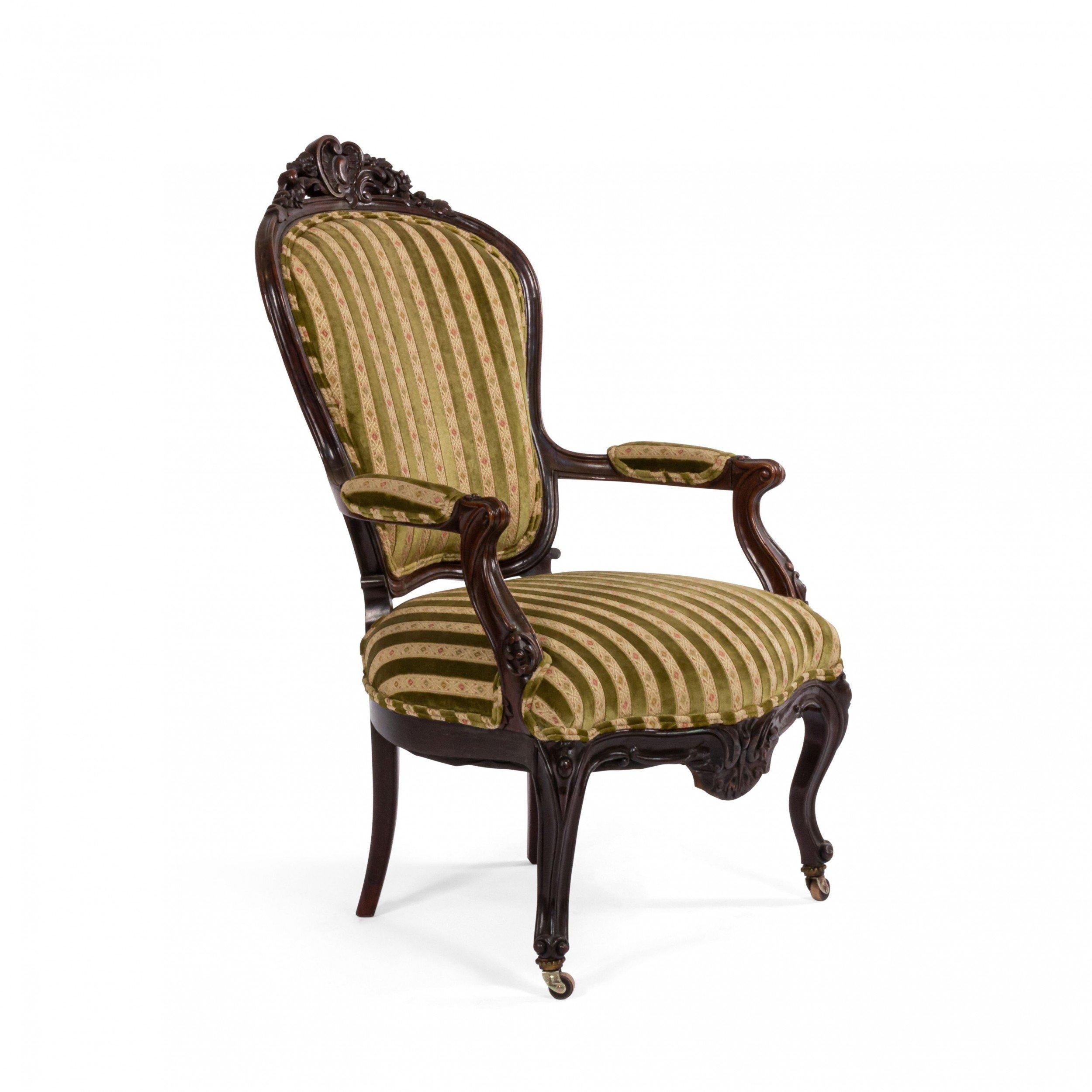 19th Century French Victorian Striped Velvet Armchairs For Sale