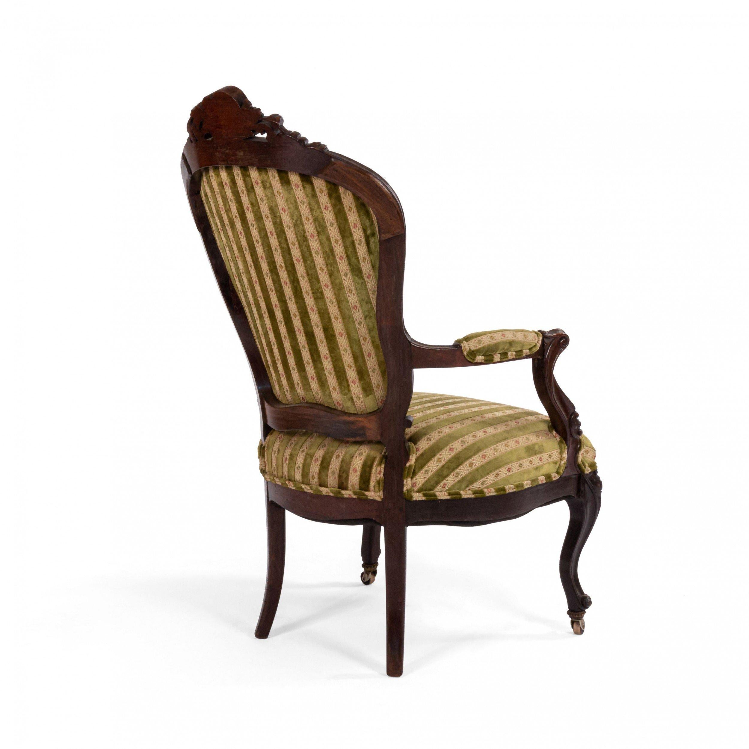 French Victorian Striped Velvet Armchairs For Sale 1