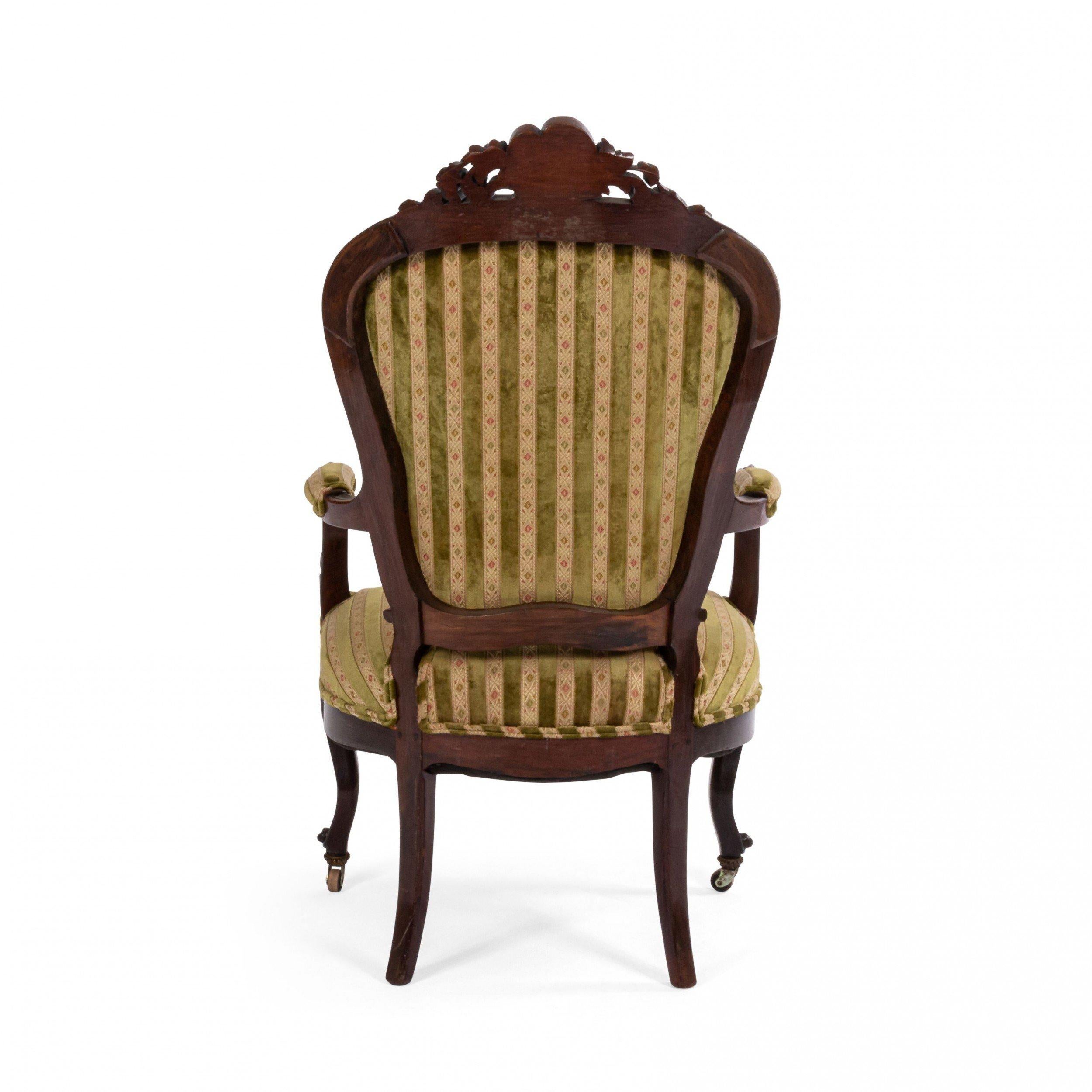 French Victorian Striped Velvet Armchairs For Sale 2
