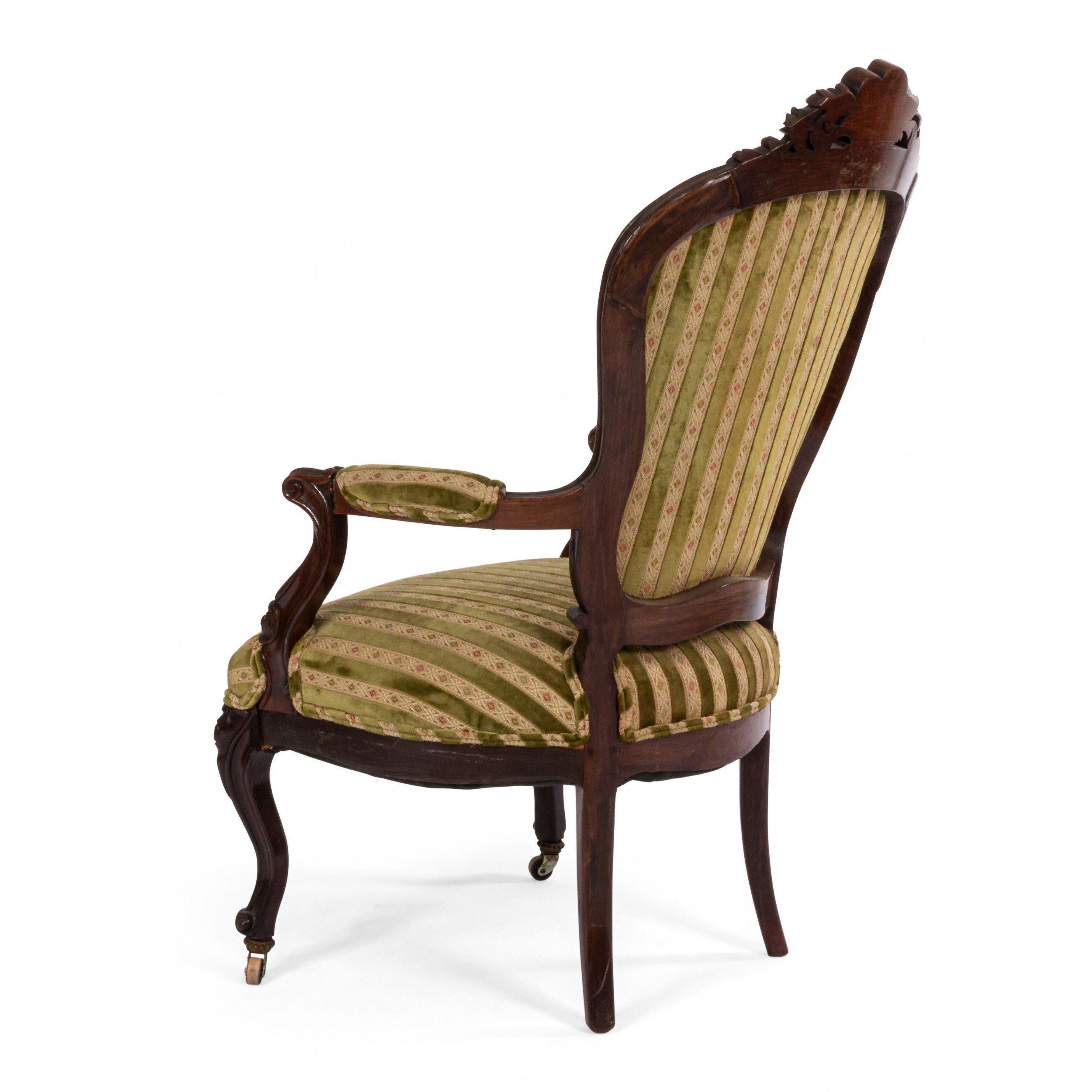 French Victorian Striped Velvet Armchairs For Sale 3