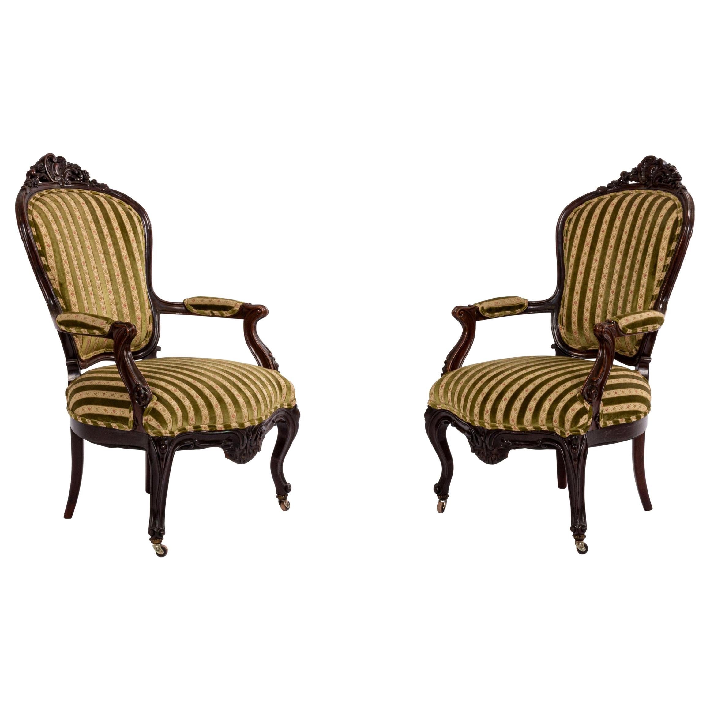 French Victorian Striped Velvet Armchairs For Sale