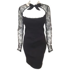 French/Victorian Style Black Lace Collar & Sleeves, Tapered Runway Dress 
