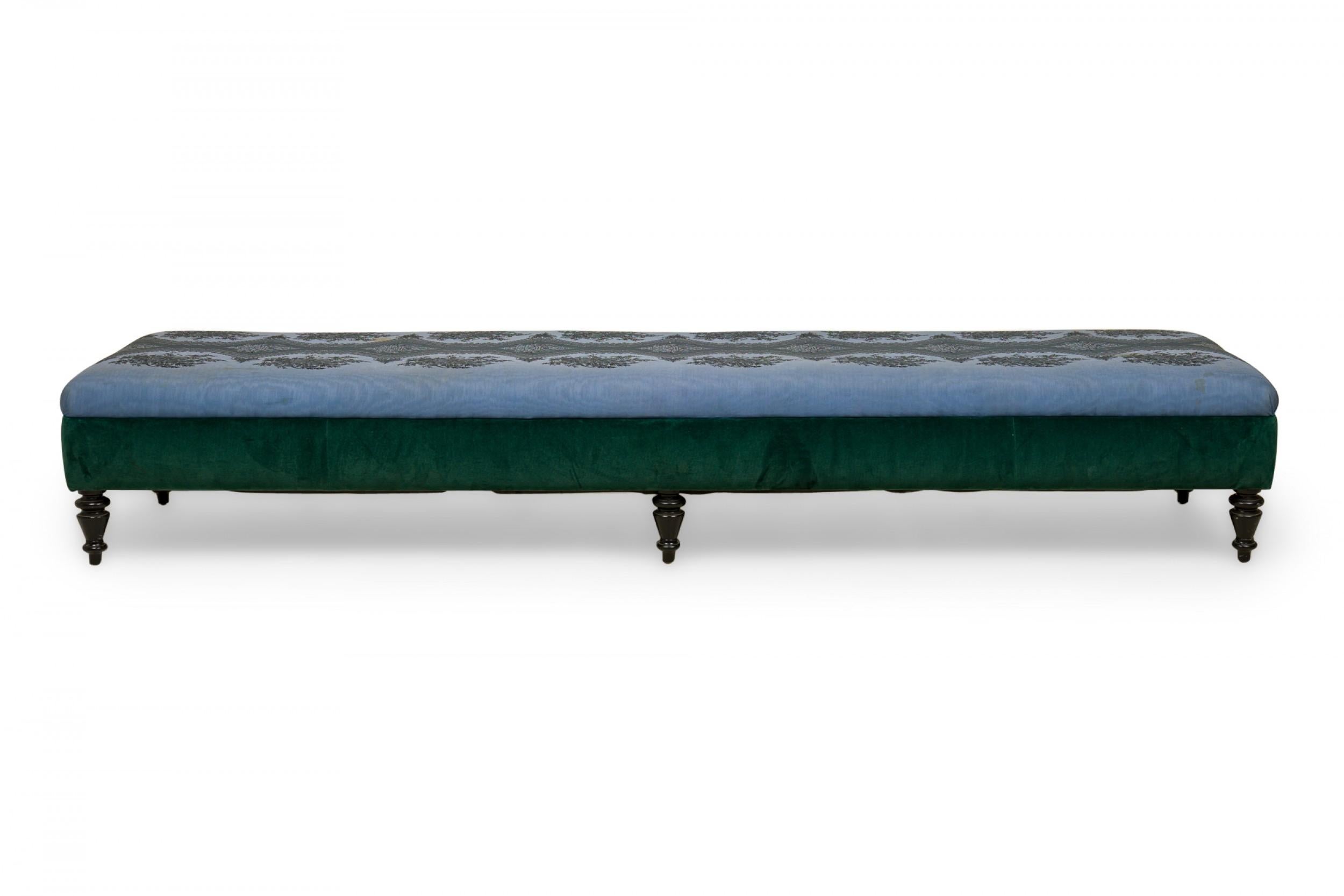 French Victorian-Style Long Blue and Green Floral Patterned Upholstered Bench In Good Condition In New York, NY