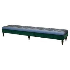 French Victorian-Style Long Blue and Green Floral Patterned Upholstered Bench