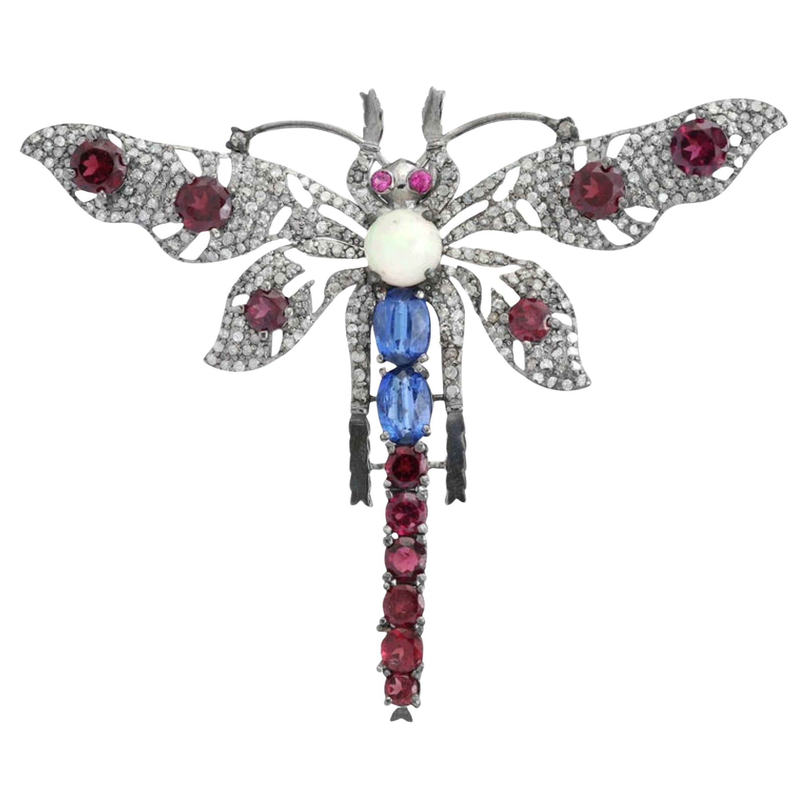 French Victorian Style Multi-Gem and Diamond Dragonfly Brooch for Him in Silver