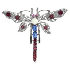 French Victorian Style Multi Gem and Diamond Dragonfly Brooch in Sterling Silver