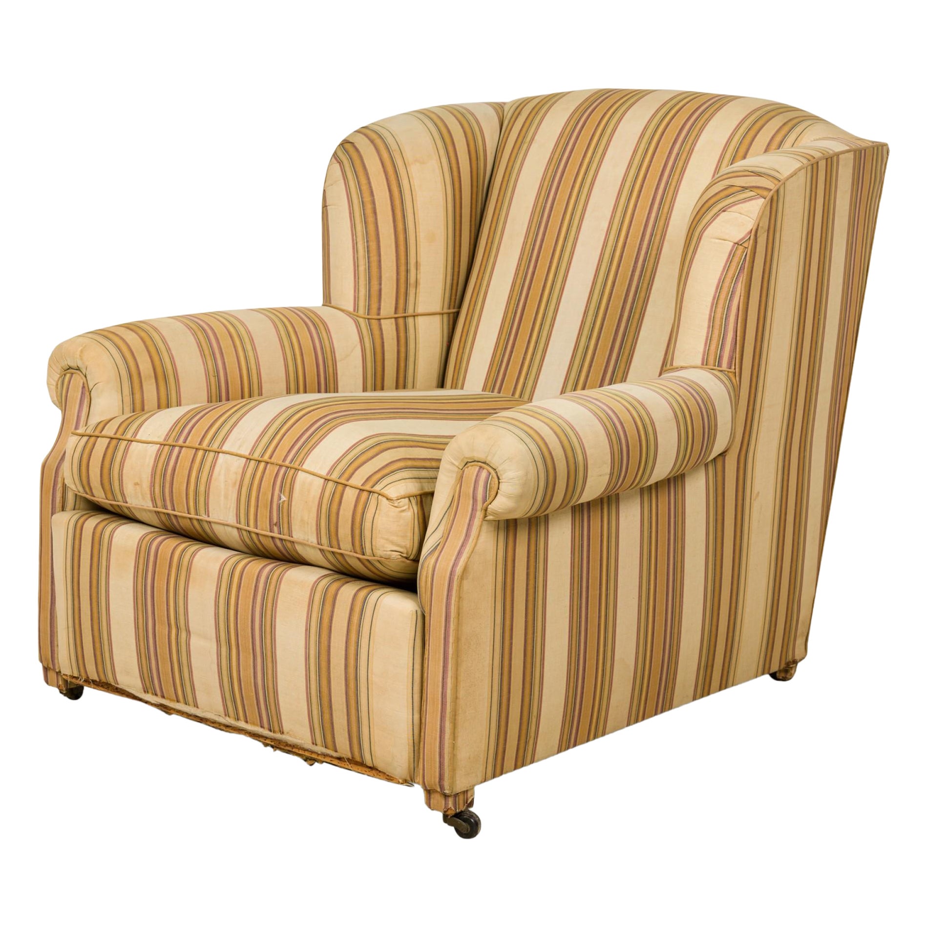 French Victorian Style Striped Upholstered Armchair with Custom Floral Slipcover For Sale