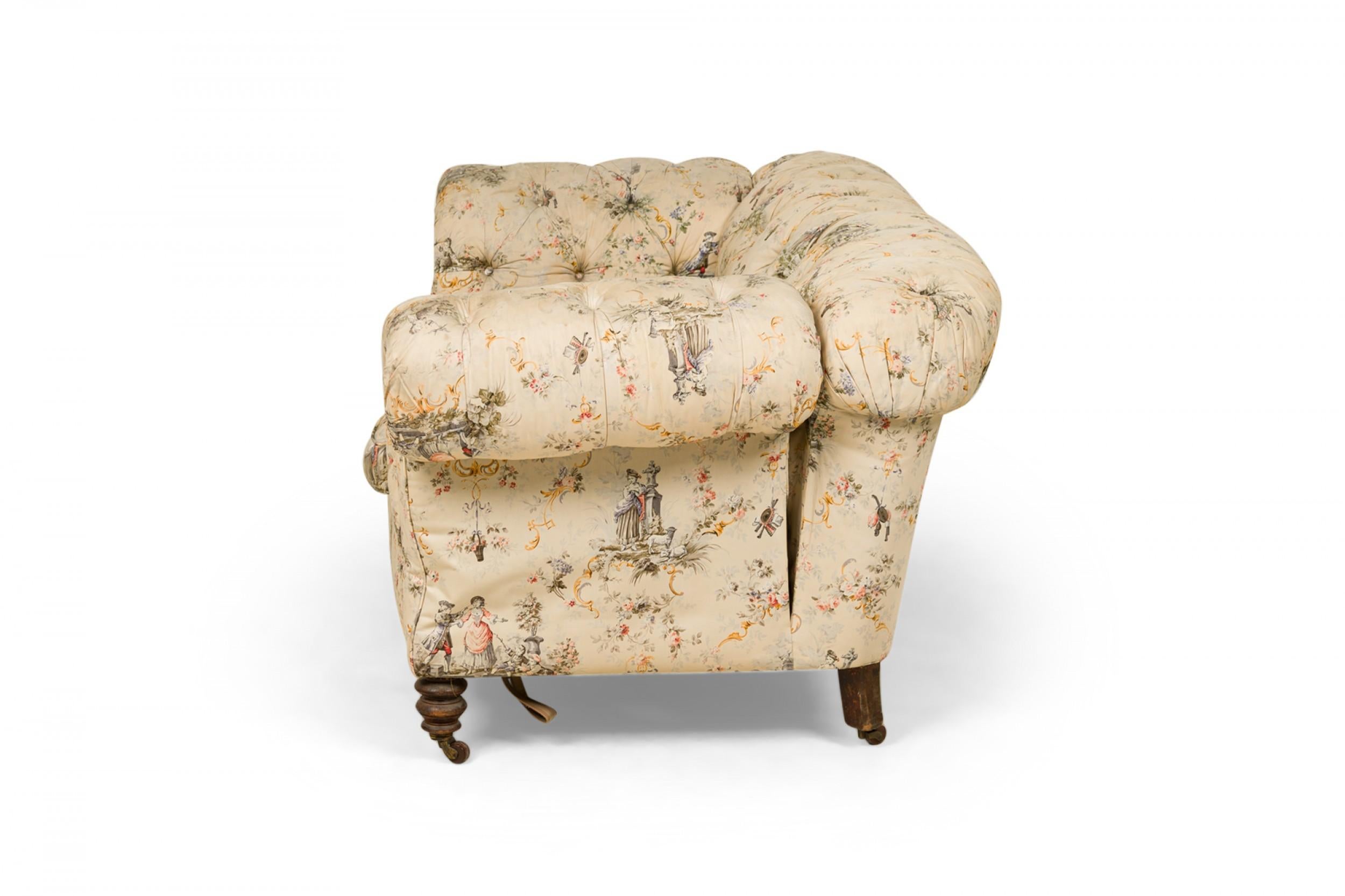 Late Victorian French Victorian Style Toile Print Beige Tufted Upholstered Loveseat