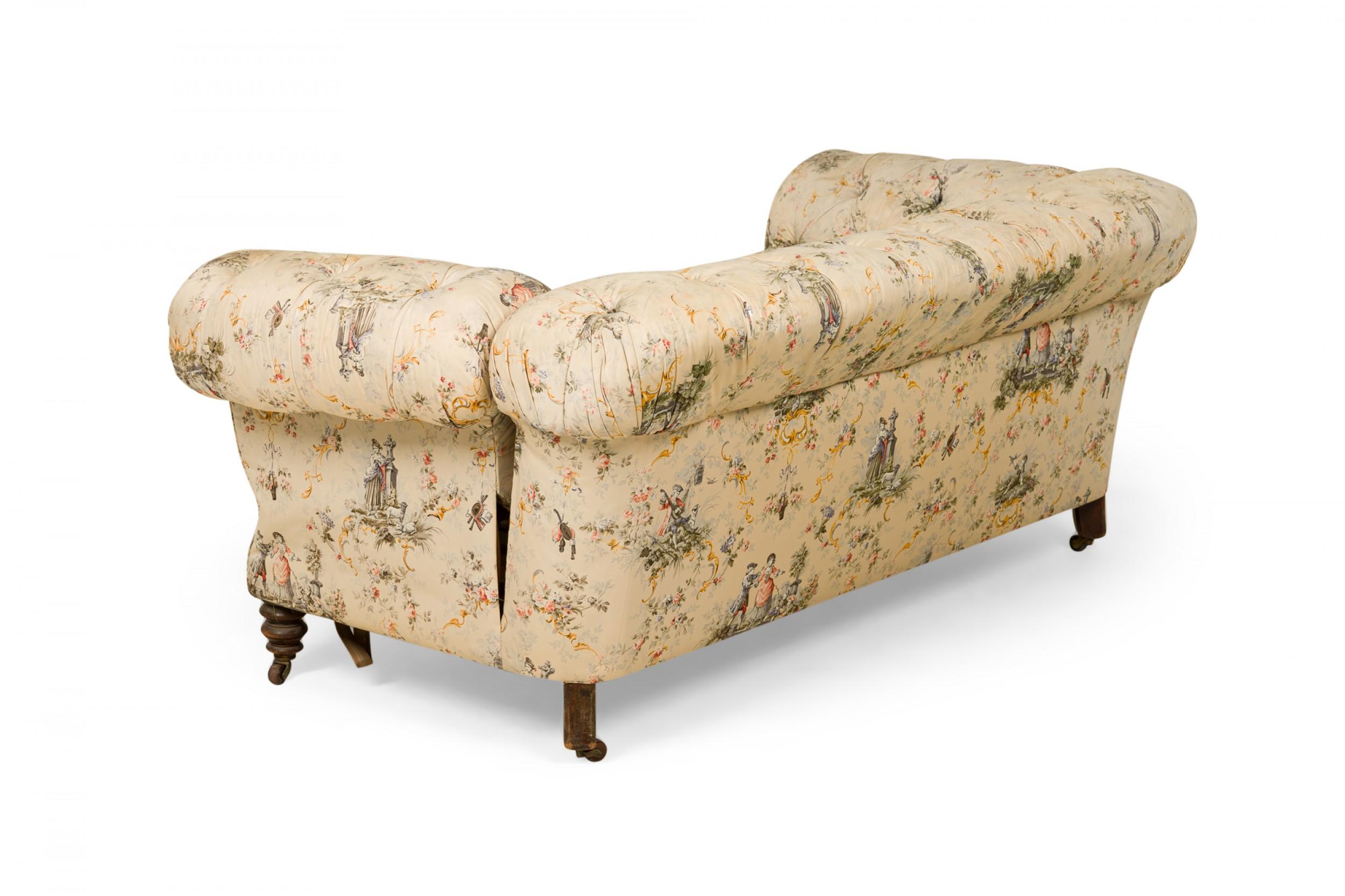 20th Century French Victorian Style Toile Print Beige Tufted Upholstered Loveseat