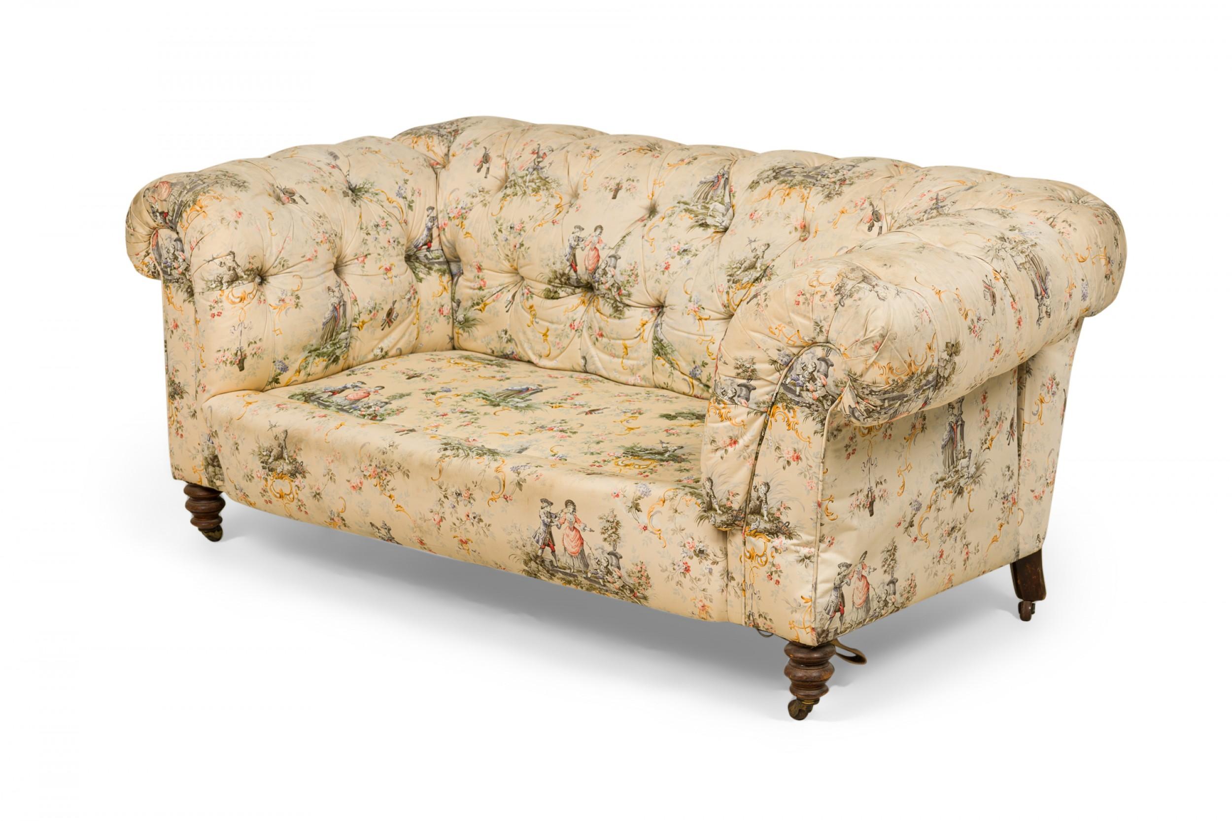 French Victorian Style Toile Print Beige Tufted Upholstered Loveseat 3