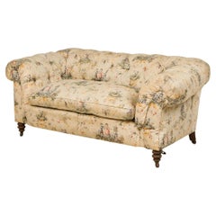 French Victorian Style Toile Print Beige Tufted Upholstered Loveseat