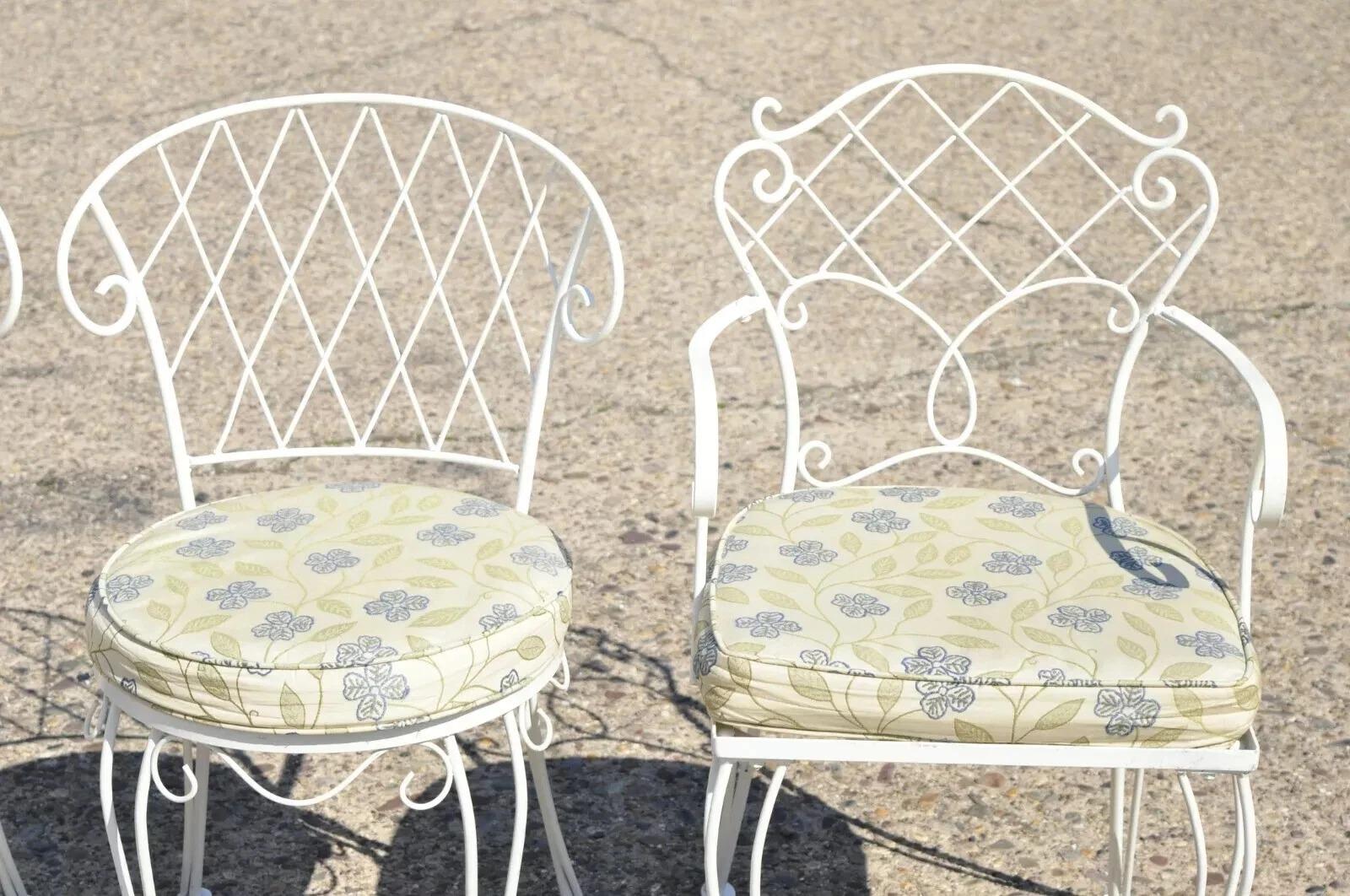 20th Century French Victorian Style White Wrought Iron Lattice Garden Patio Dining Set - 5 Pc For Sale