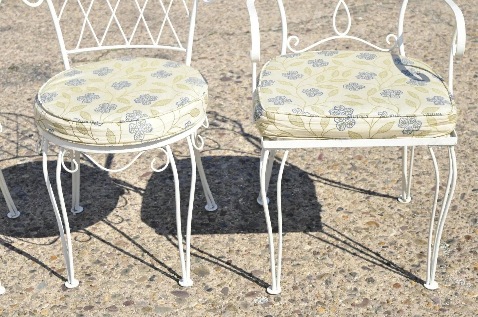 Glass French Victorian Style White Wrought Iron Lattice Garden Patio Dining Set - 5 Pc For Sale