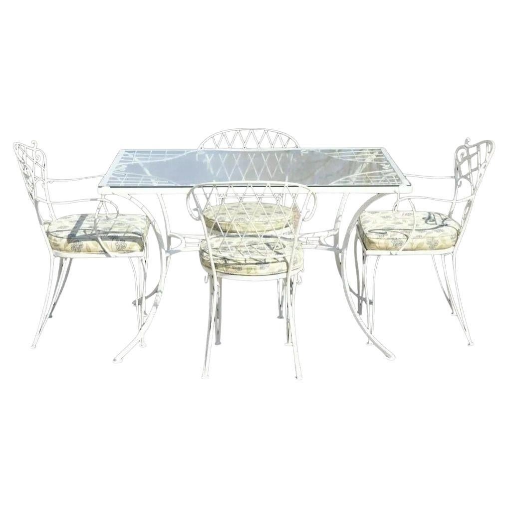 French Victorian Style White Wrought Iron Lattice Garden Patio Dining Set - 5 Pc For Sale