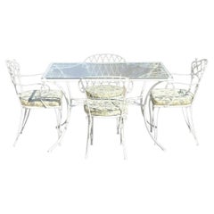 French Victorian Style White Wrought Iron Lattice Garden Patio Dining Set - 5 Pc