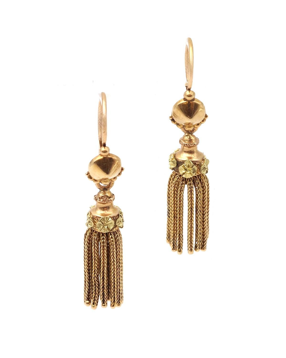 Victorien Boucles d'oreilles Antique French, boucles d'oreilles à pompons, or 18k, boucles d'oreilles à pompons en vente