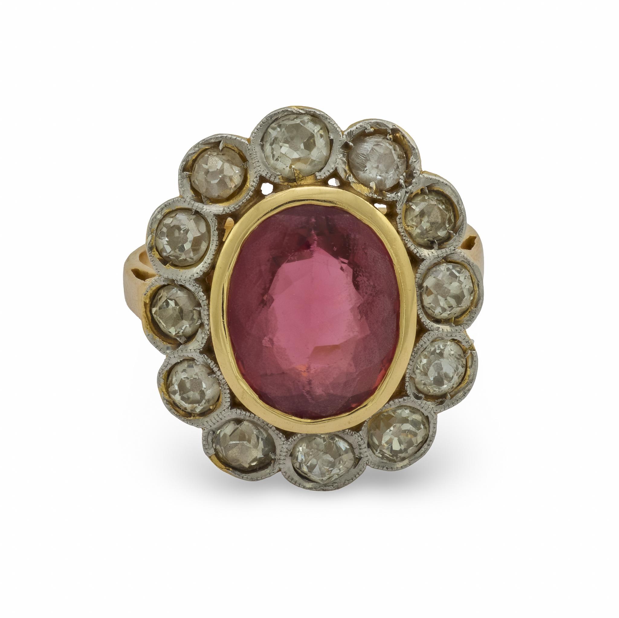 Oval Cut French Victorian tourmaline diamond cluster 18K gold platinum ring For Sale