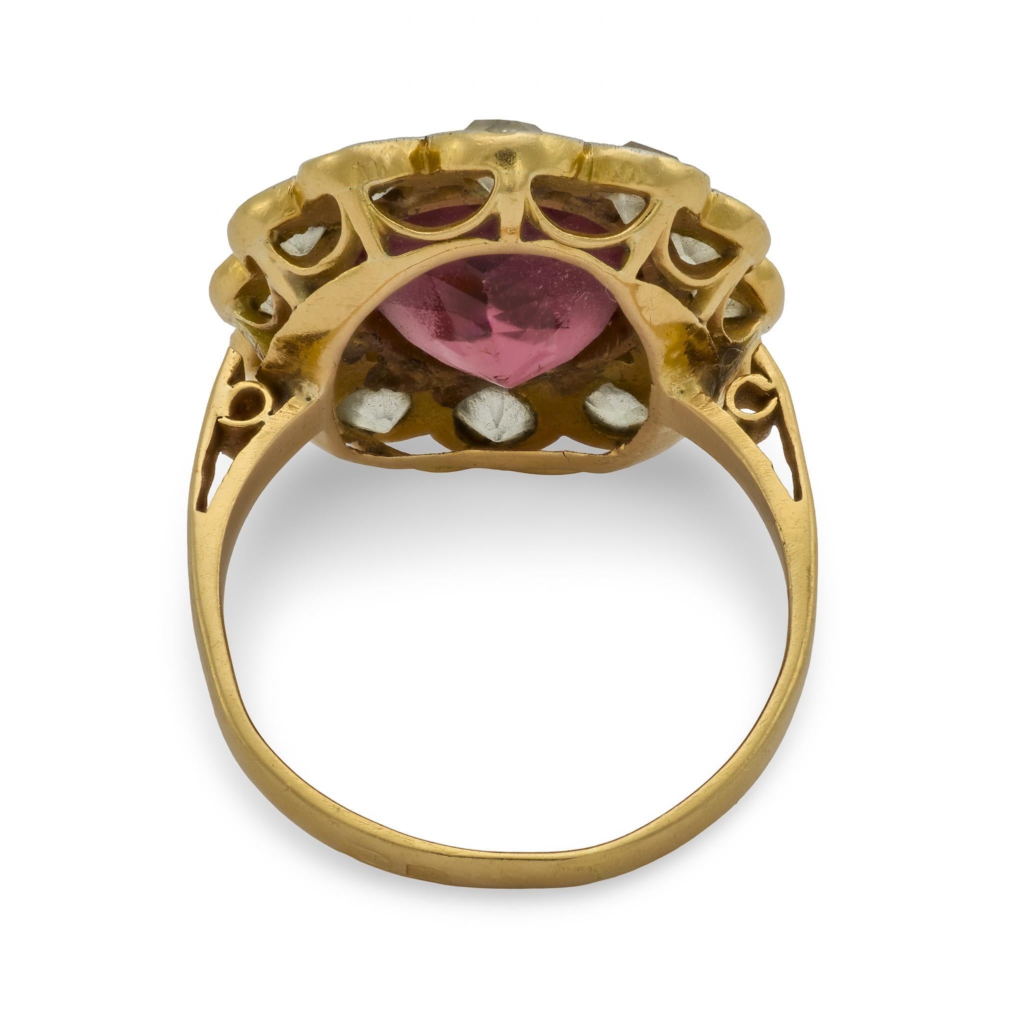 French Victorian tourmaline diamond cluster 18K gold platinum ring In Good Condition For Sale In Beverly Hills, CA