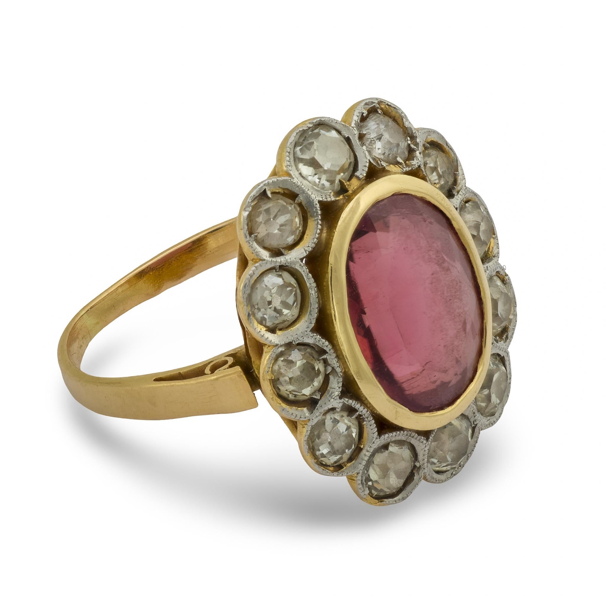 Women's French Victorian tourmaline diamond cluster 18K gold platinum ring For Sale