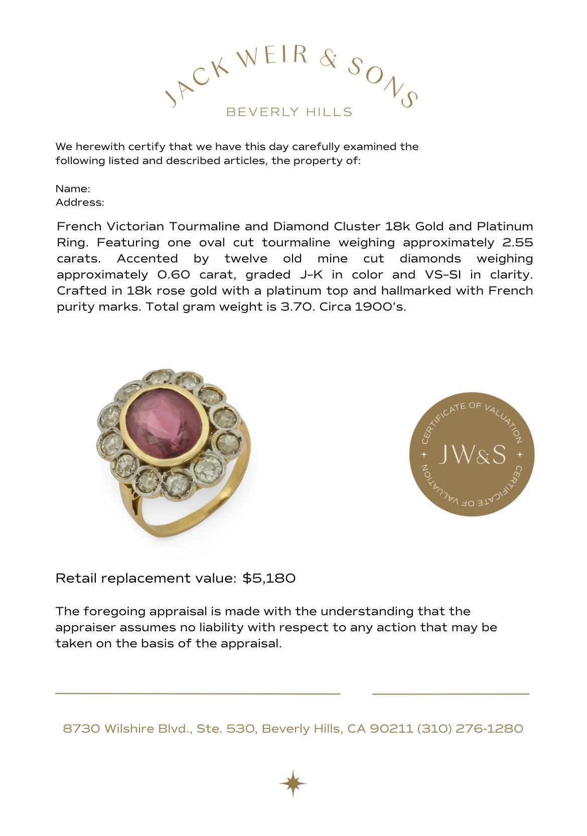 French Victorian tourmaline diamond cluster 18K gold platinum ring For Sale 1