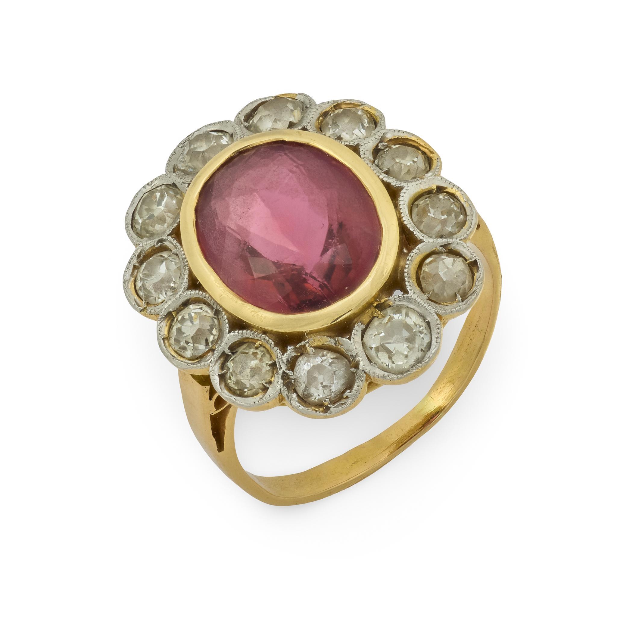 French Victorian tourmaline diamond cluster 18K gold platinum ring For Sale 2