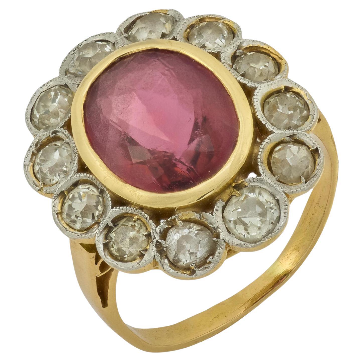 French Victorian tourmaline diamond cluster 18K gold platinum ring For Sale