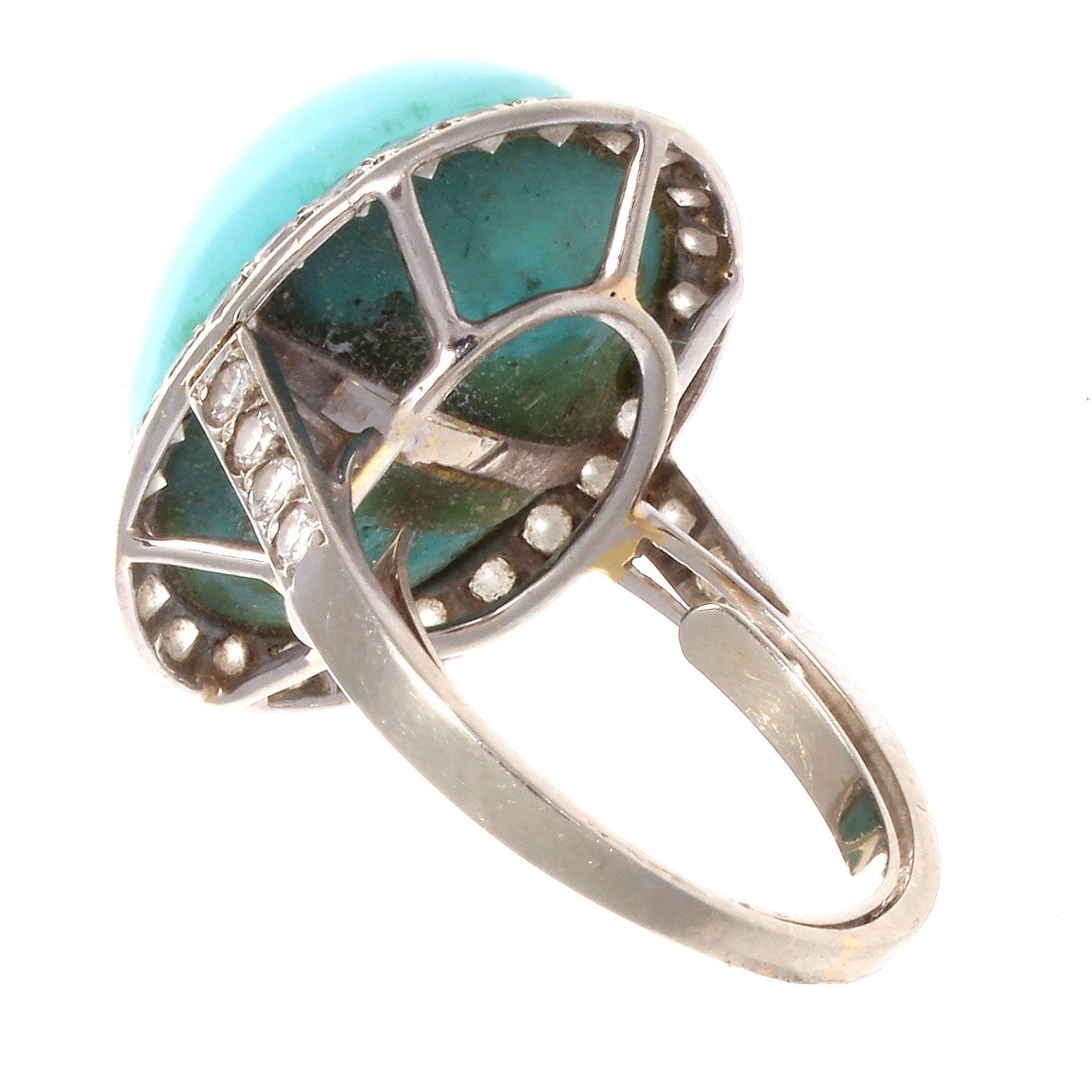 French Retro Turquoise Diamond Gold Ring In Excellent Condition In Beverly Hills, CA