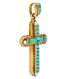 French Victorian Turquoise Pearl 18 Karat Gold Cross Pendant