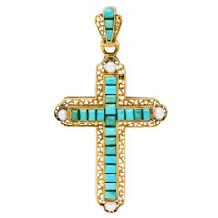 French Victorian Turquoise Pearl 18 Karat Gold Cross Pendant