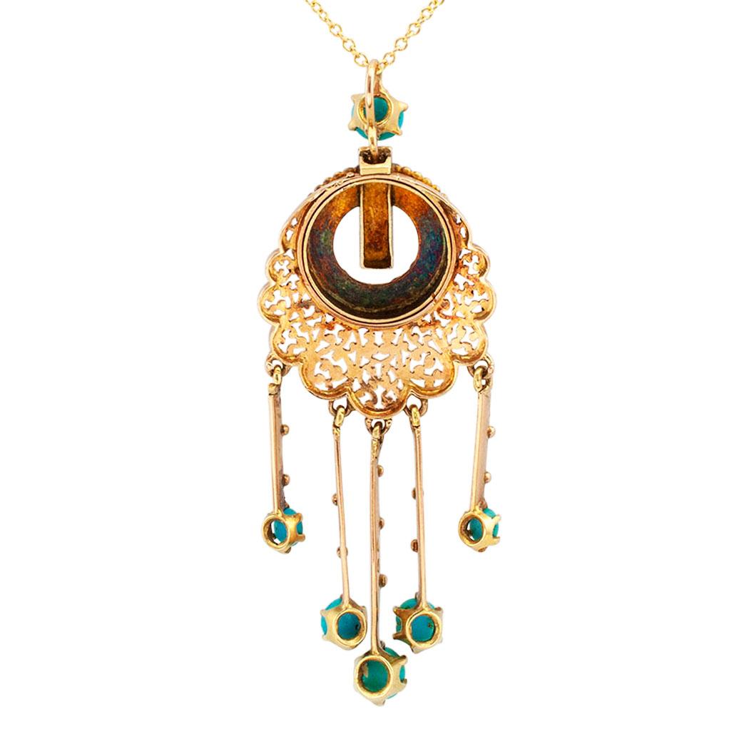 French Victorian Turquoise Pearl Gold Pendant Necklace In Good Condition In Los Angeles, CA