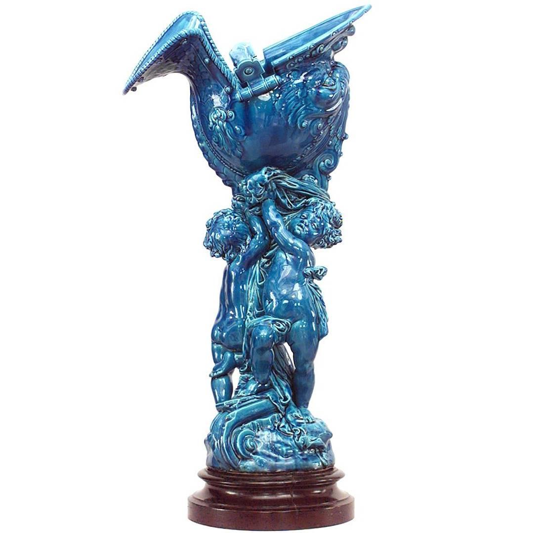 French Victorian Turquoise Sevres Porcelain Cupid Centerpiece For Sale