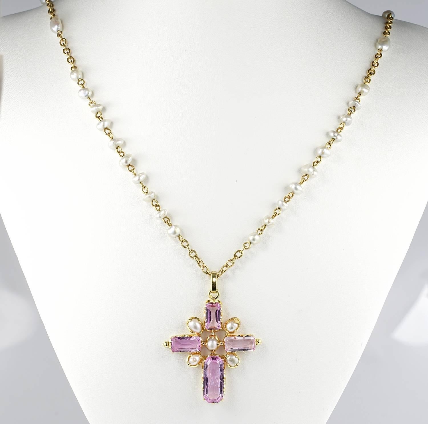 A magnificent Victorian example of large Latin cross with dedicated chain.
French origin with hallmarks. Artful crafted of solid 18 Kt gold with a superb chain hand wired with Natural salt water Pearls varying in sizes and shape.
Pearls are 100%