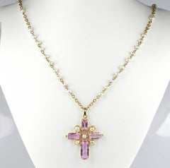 French Victorian Untreated Pink Topaz Natural Pearl Rare Necklace