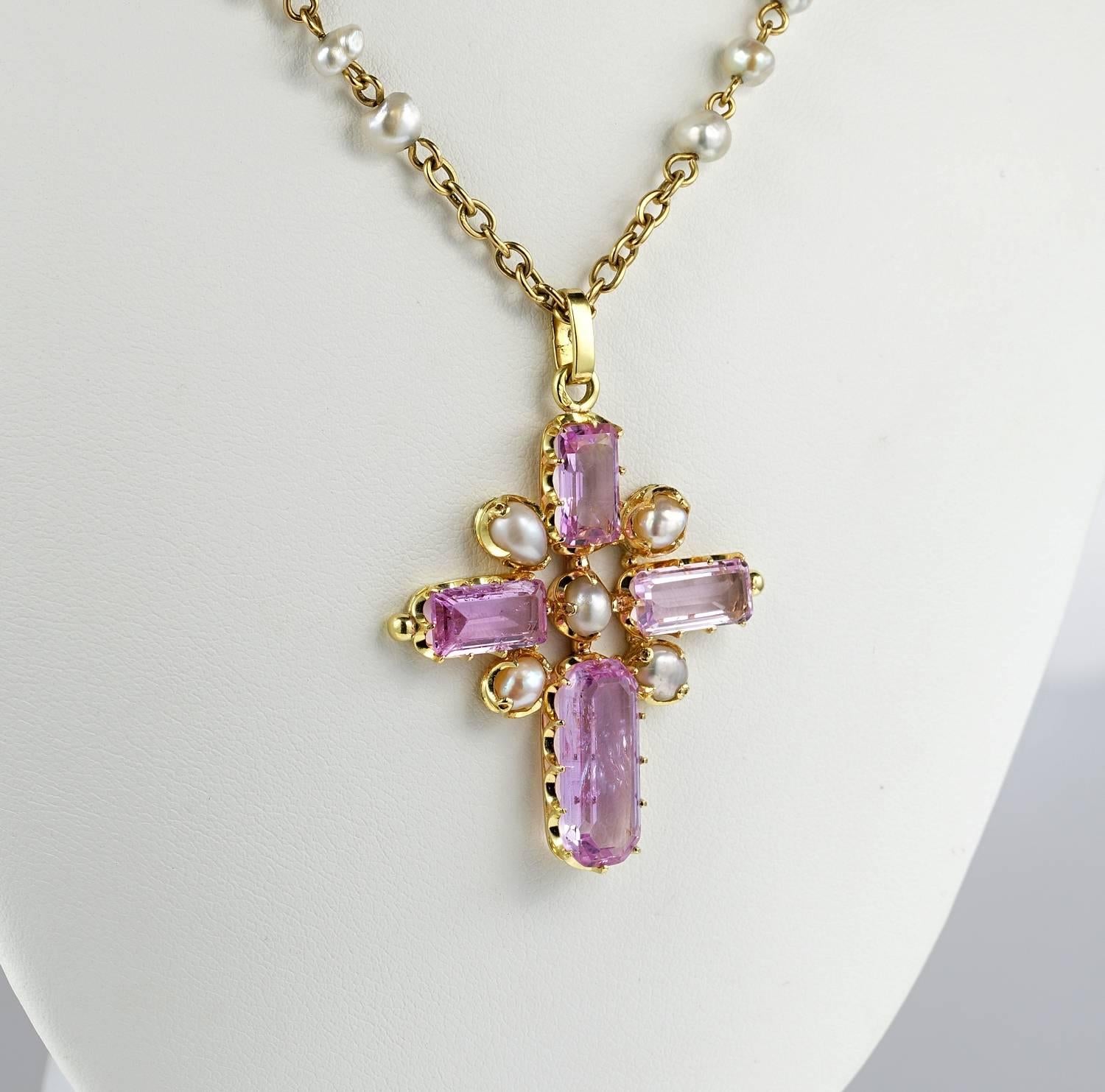 French Victorian Untreated Pink Topaz Natural Pearl Rare Necklace In Good Condition In Napoli, IT