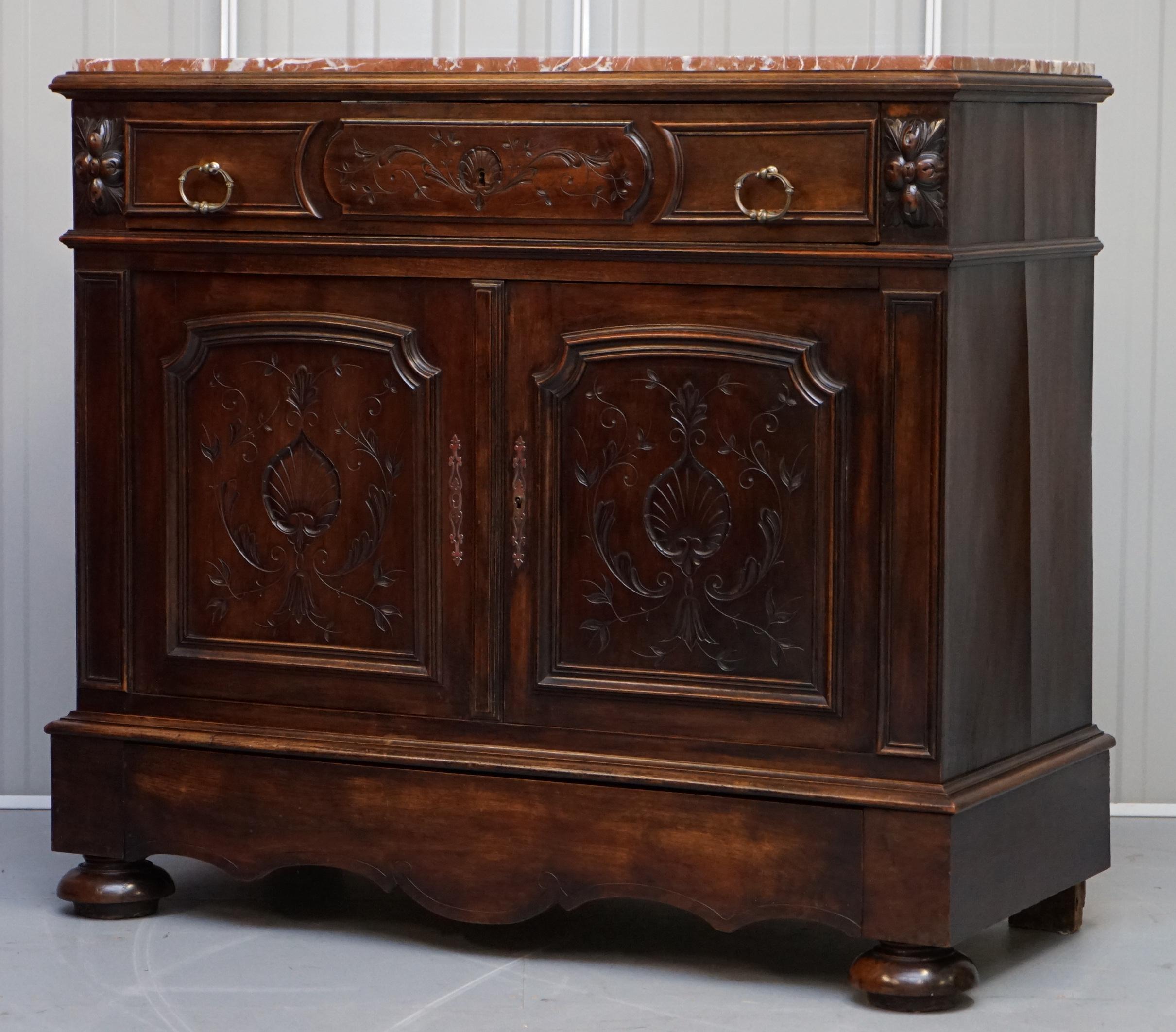 Hand-Crafted French Victorian Walnut Burr Satinwood Sideboard Chest of Drawers Marble Top