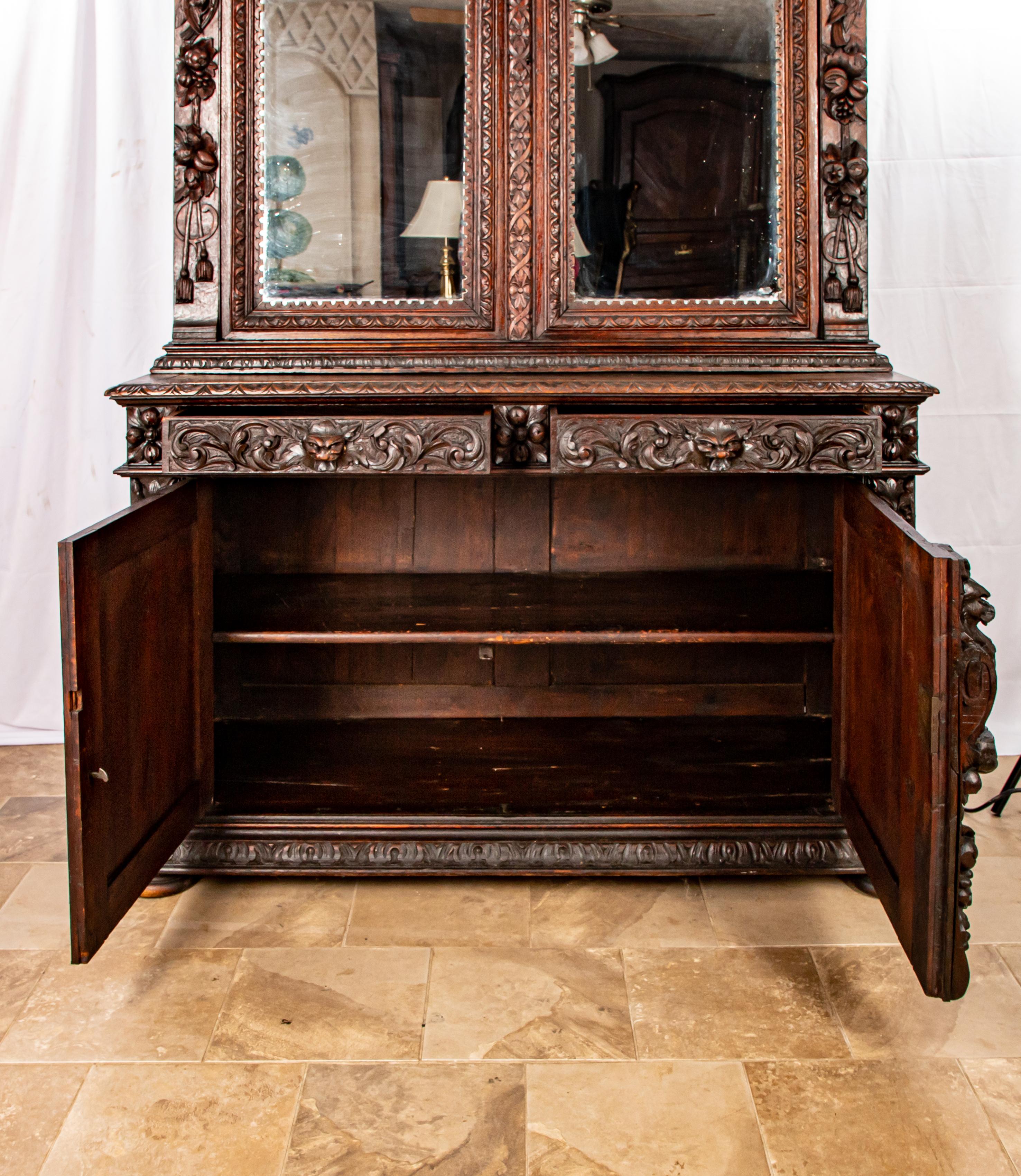 Hand-Carved French Victorian Walnut Cupboard/Huntboard For Sale