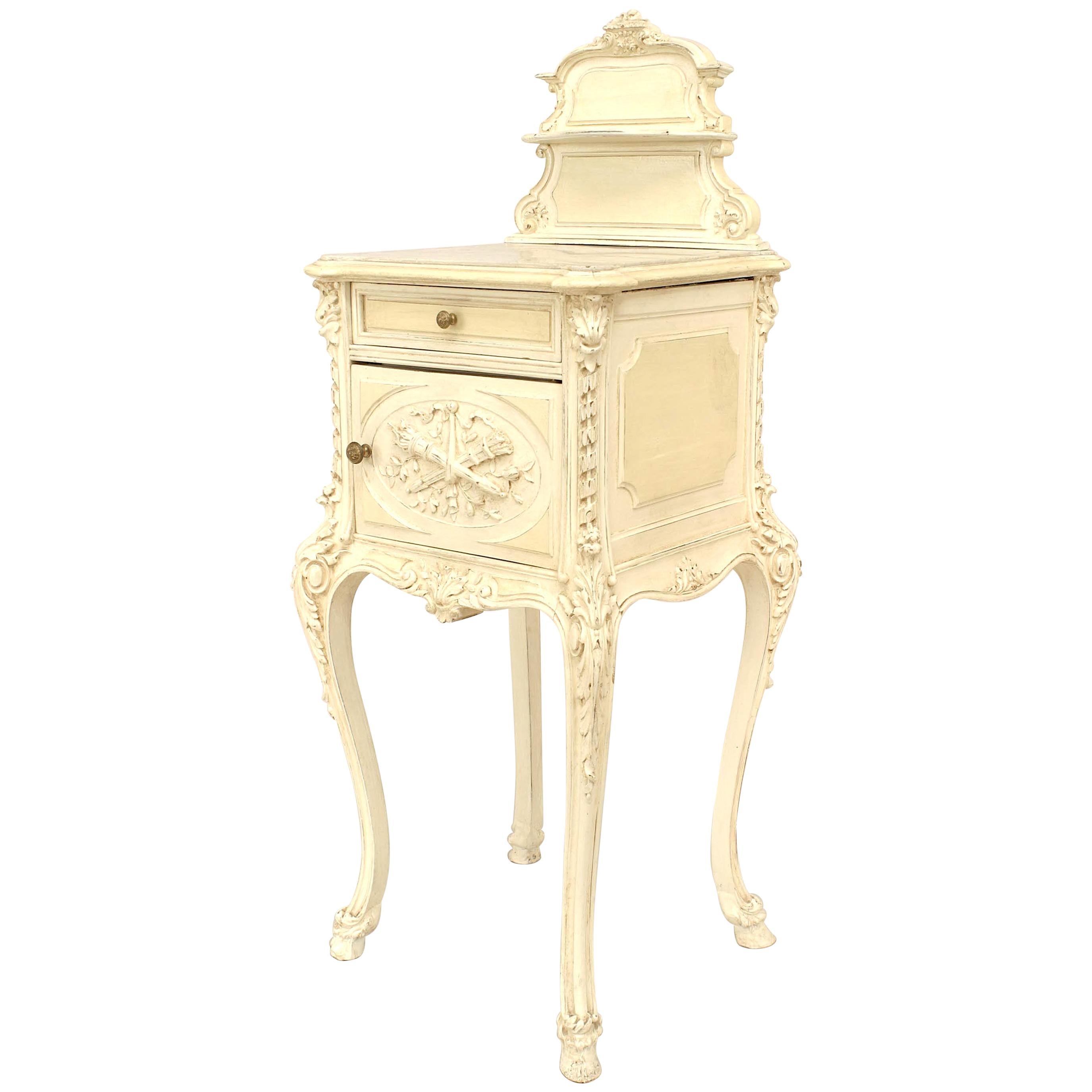 French Victorian White Painted Carved Wood and Marble Commode