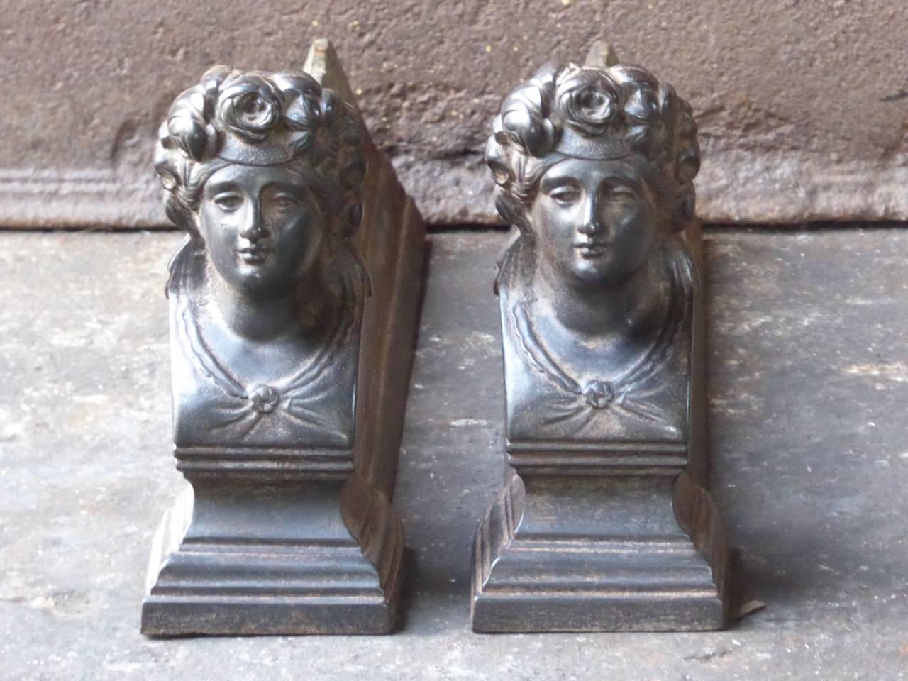 French Victorian andirons with the head of a woman. The andirons are made of cast iron.

We have a unique and specialized collection of antique and used fireplace accessories consisting of more than 1000 listings at 1stdibs. Amongst others we always